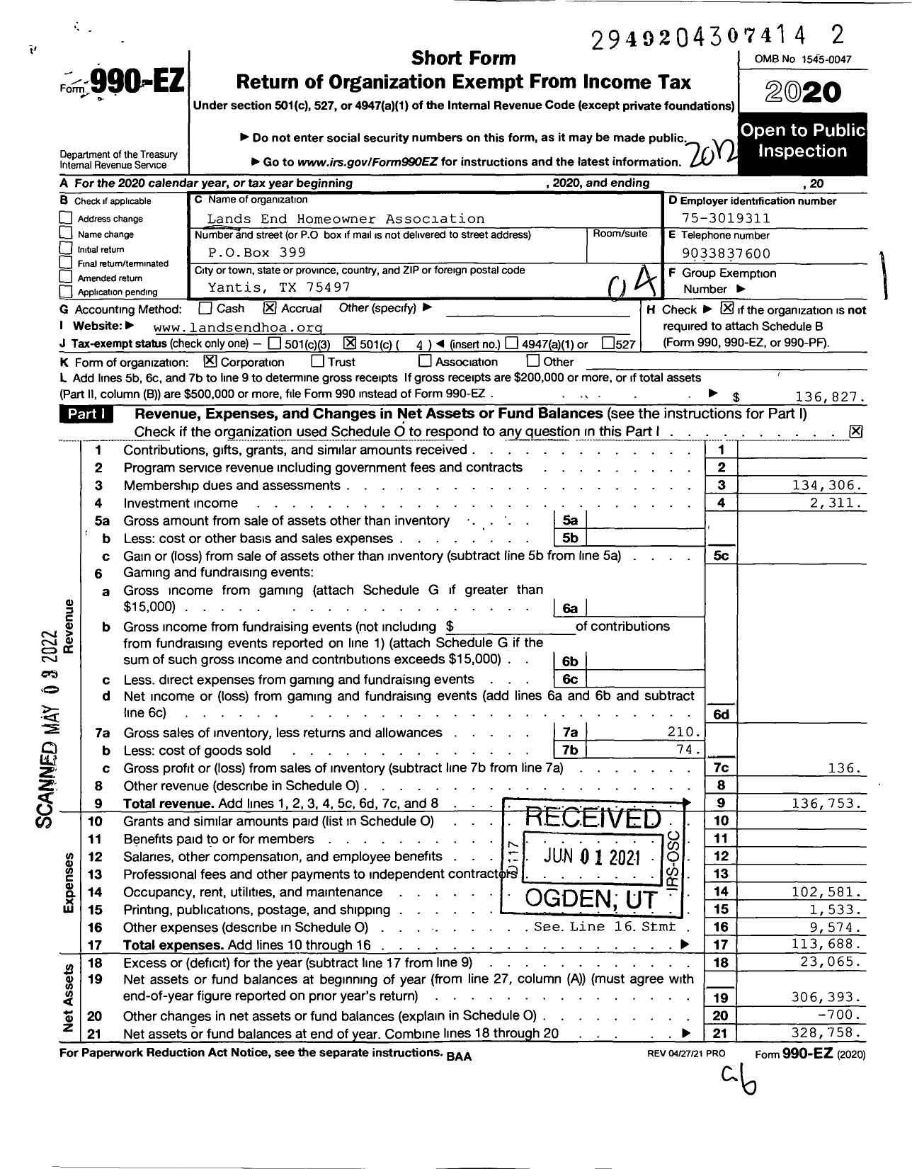 Image of first page of 2020 Form 990EO for Land's End Homeowner Association