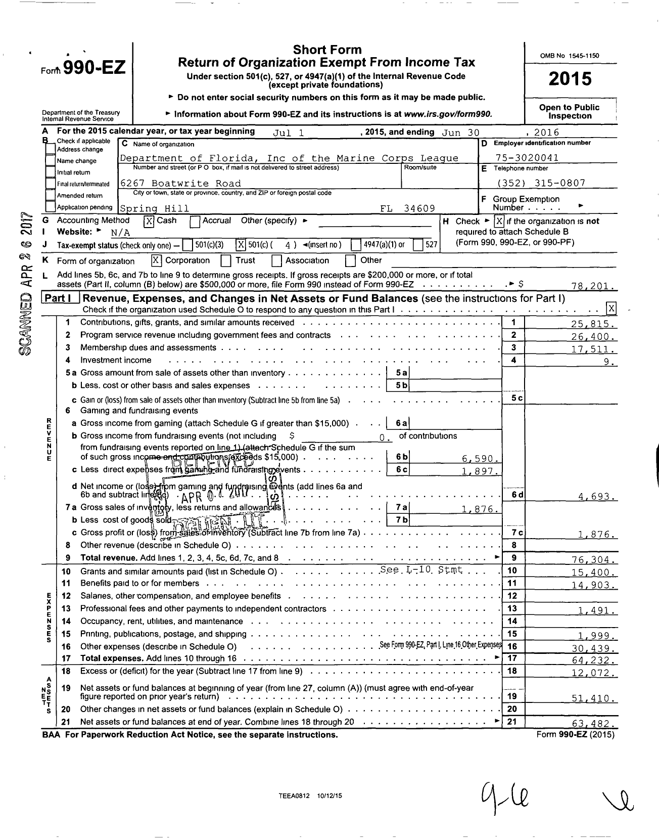 Image of first page of 2015 Form 990EO for Department of Florida of the Marine Corps League
