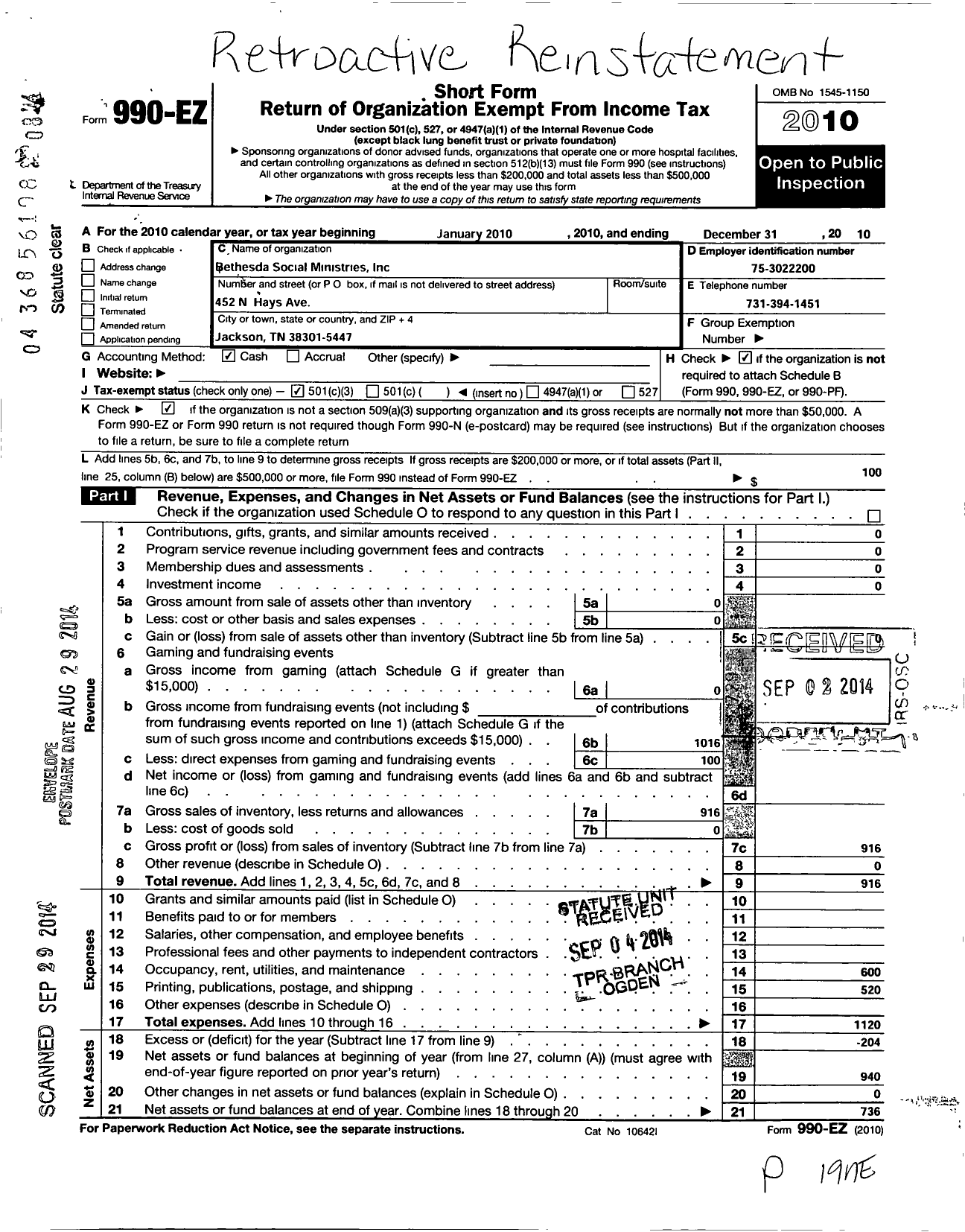 Image of first page of 2010 Form 990EZ for Bethesda Ministries Incorporated