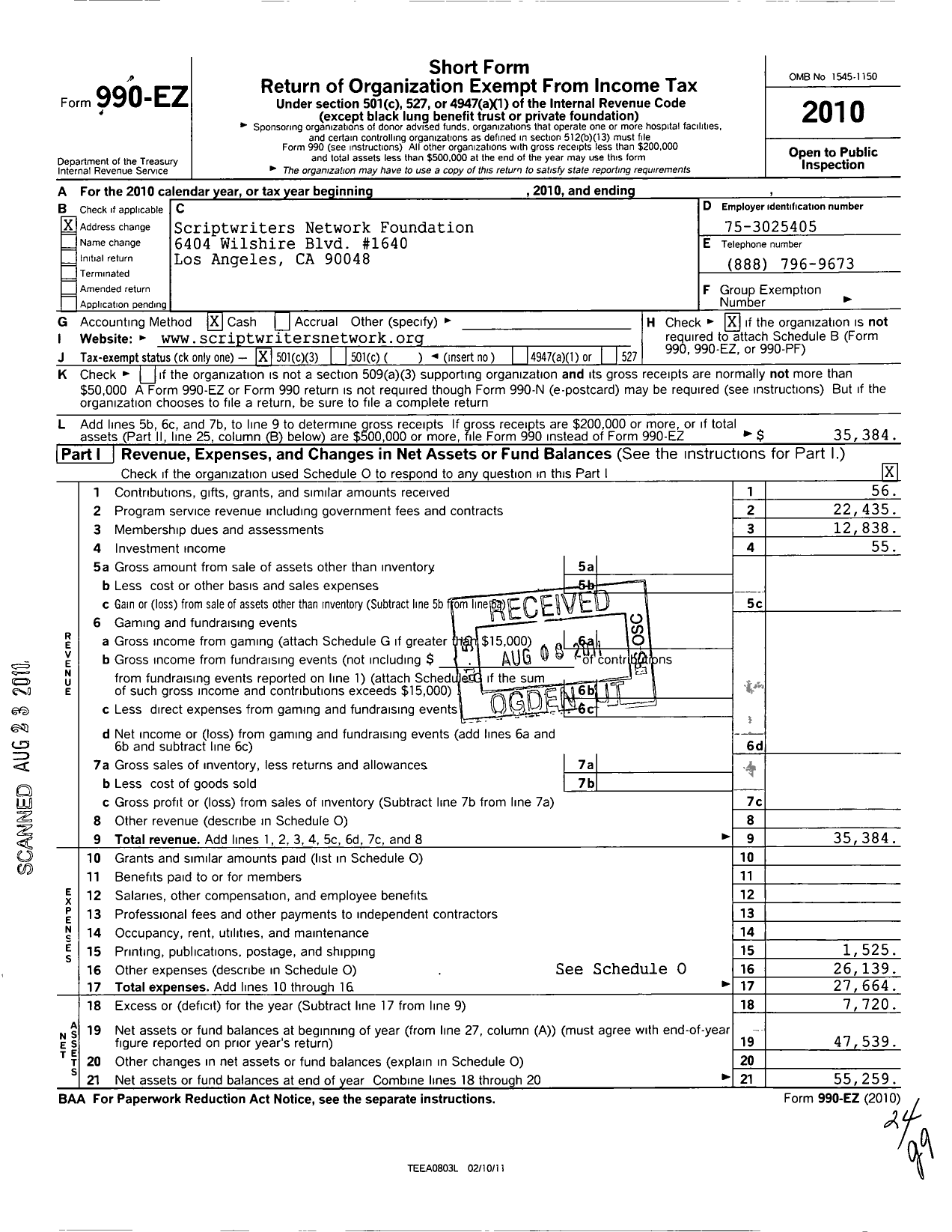 Image of first page of 2010 Form 990EZ for Scriptwriters Network Foundation