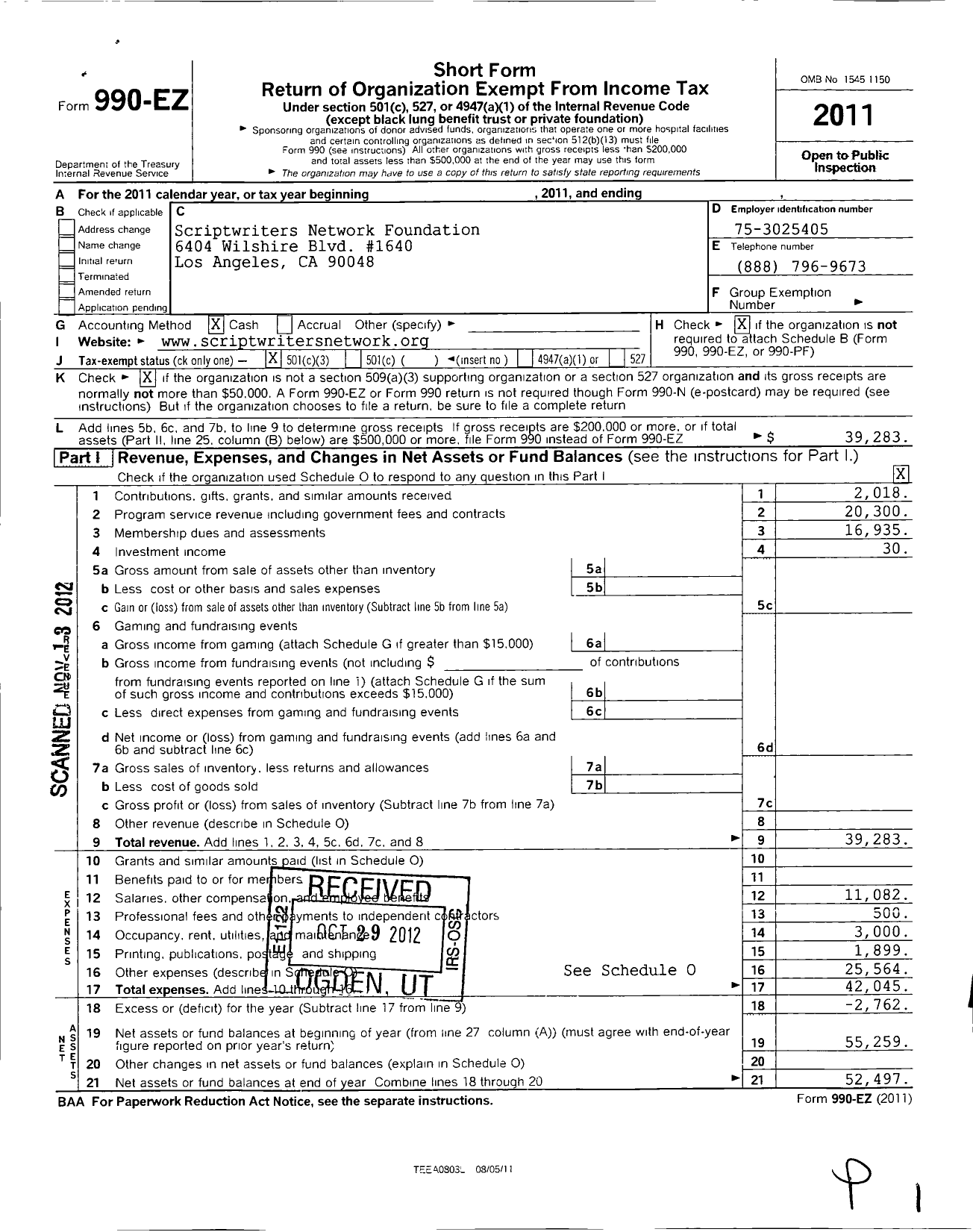 Image of first page of 2011 Form 990EZ for Scriptwriters Network Foundation