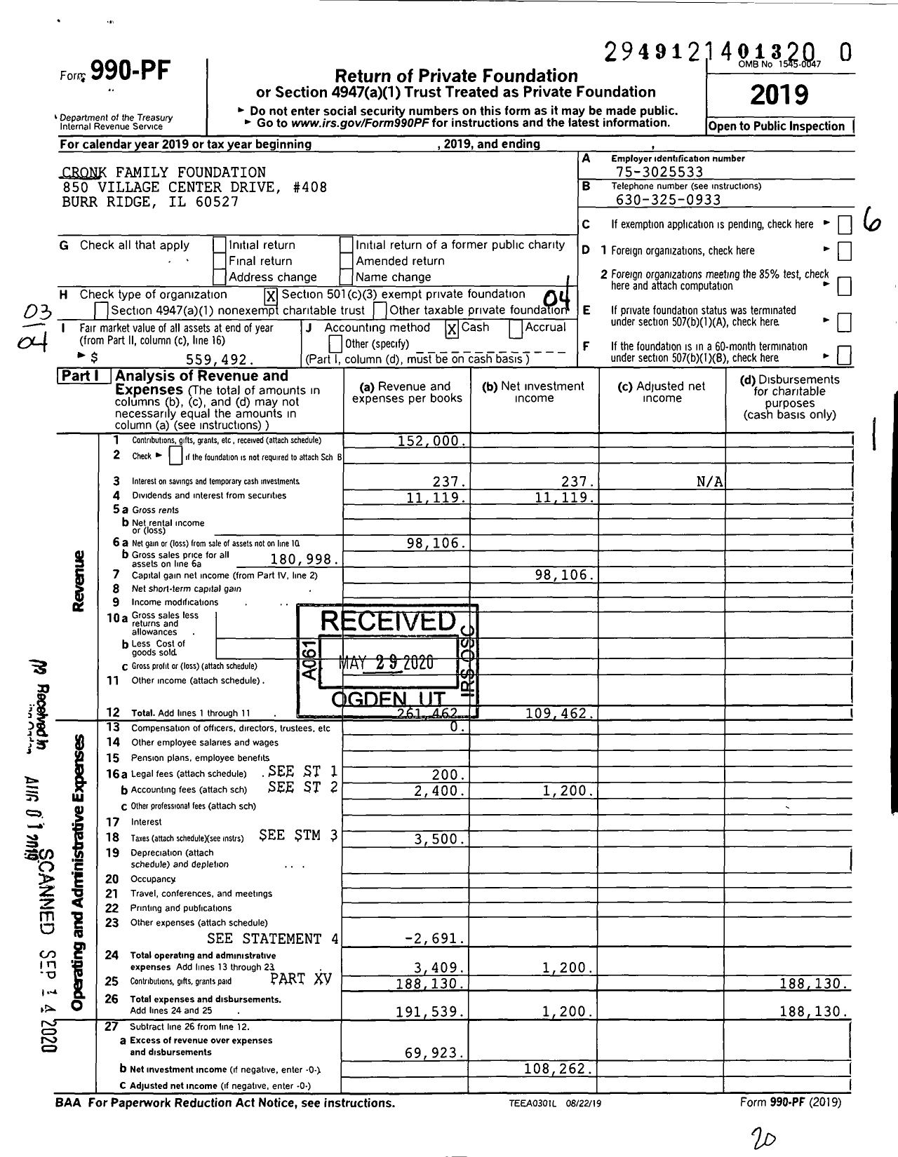 Image of first page of 2019 Form 990PR for Cronk Family Foundation