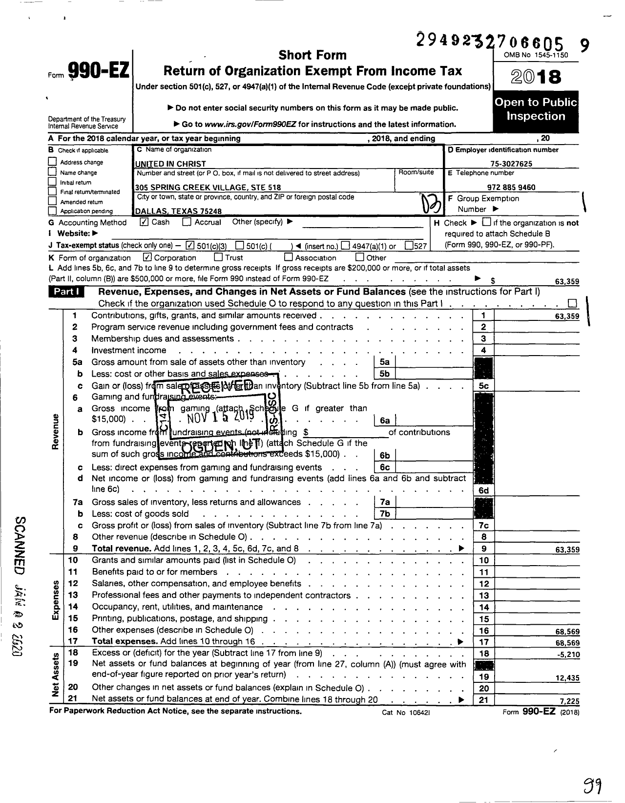 Image of first page of 2018 Form 990EZ for United in Christ