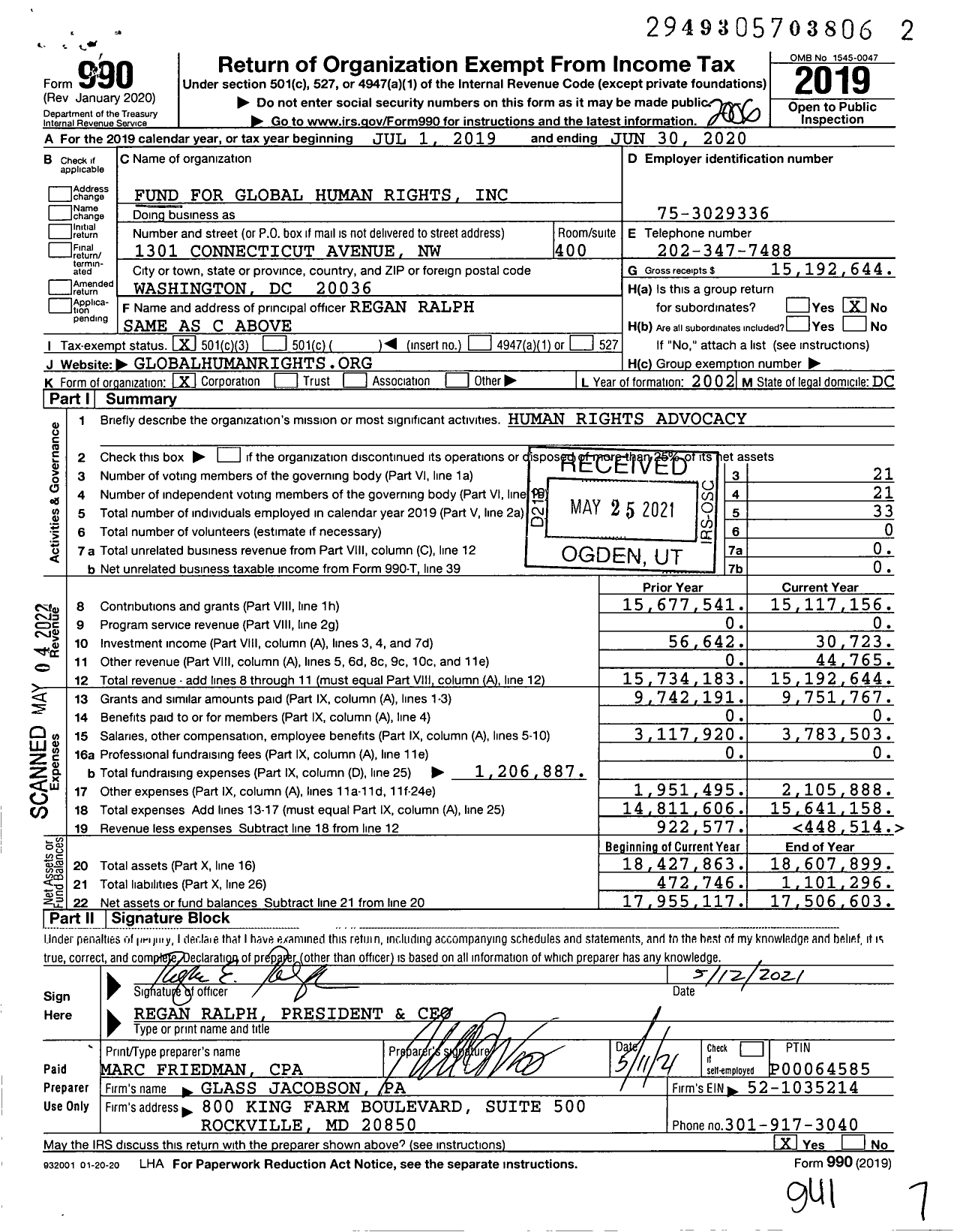 Image of first page of 2019 Form 990 for Fund for Global Human Rights