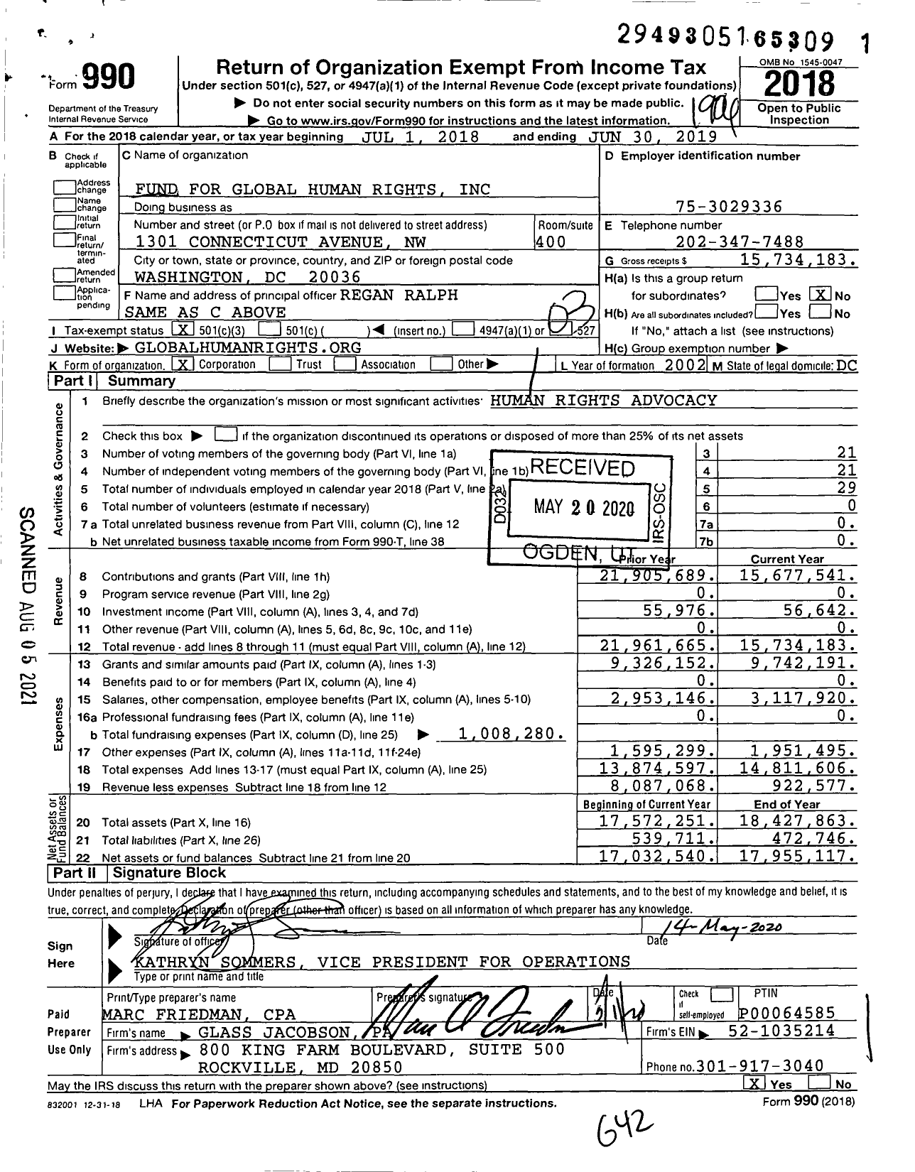 Image of first page of 2018 Form 990 for Fund for Global Human Rights