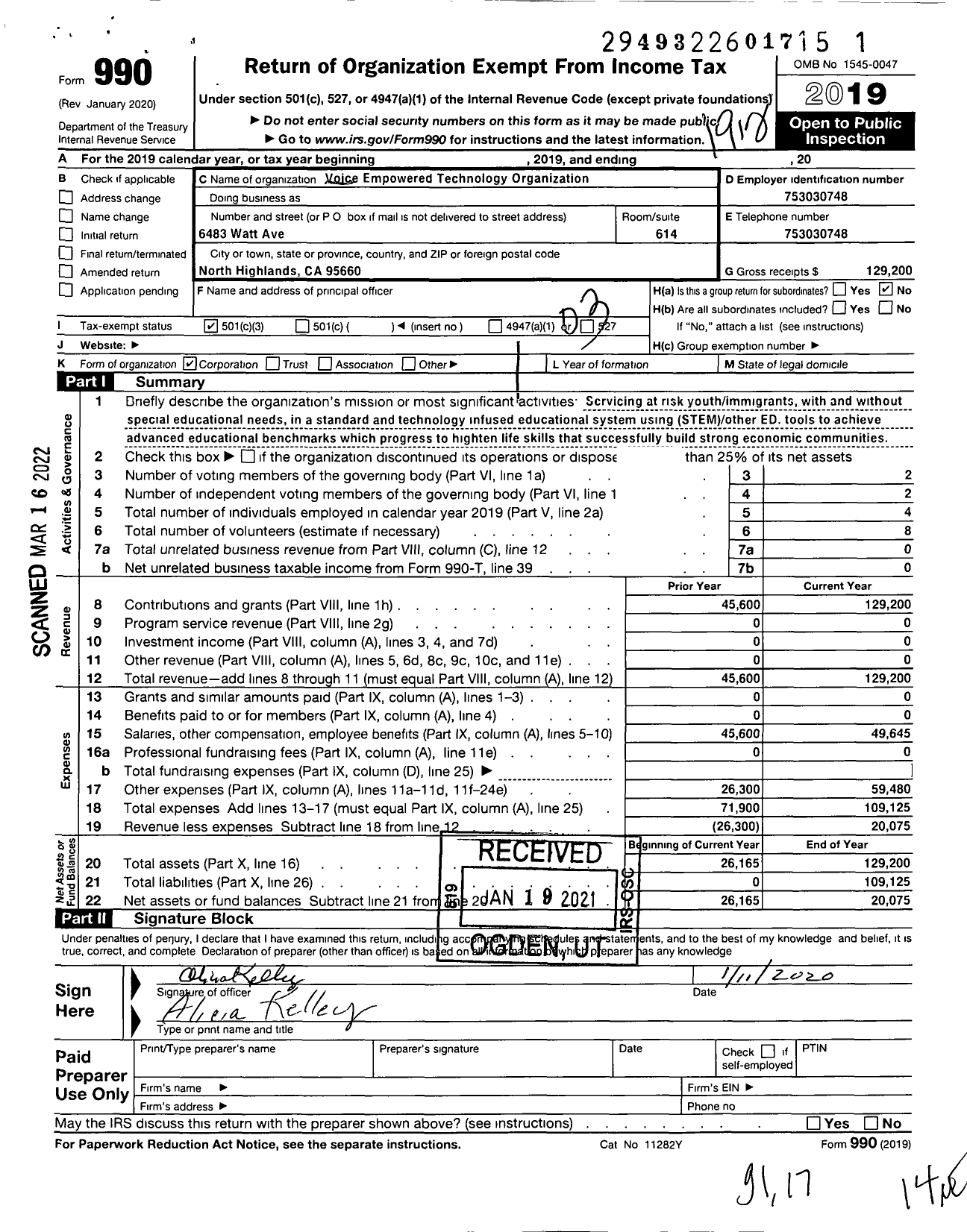 Image of first page of 2019 Form 990 for Voice Empowered Technology Organization