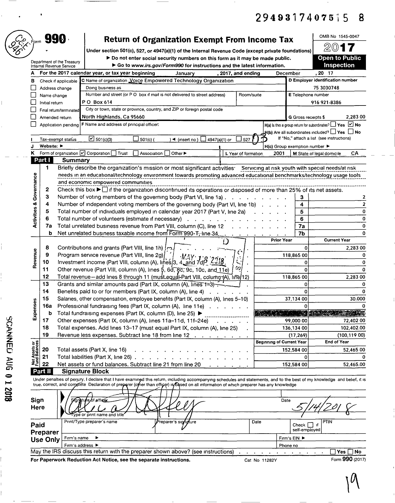 Image of first page of 2017 Form 990 for Voice Empowered Technology Organization