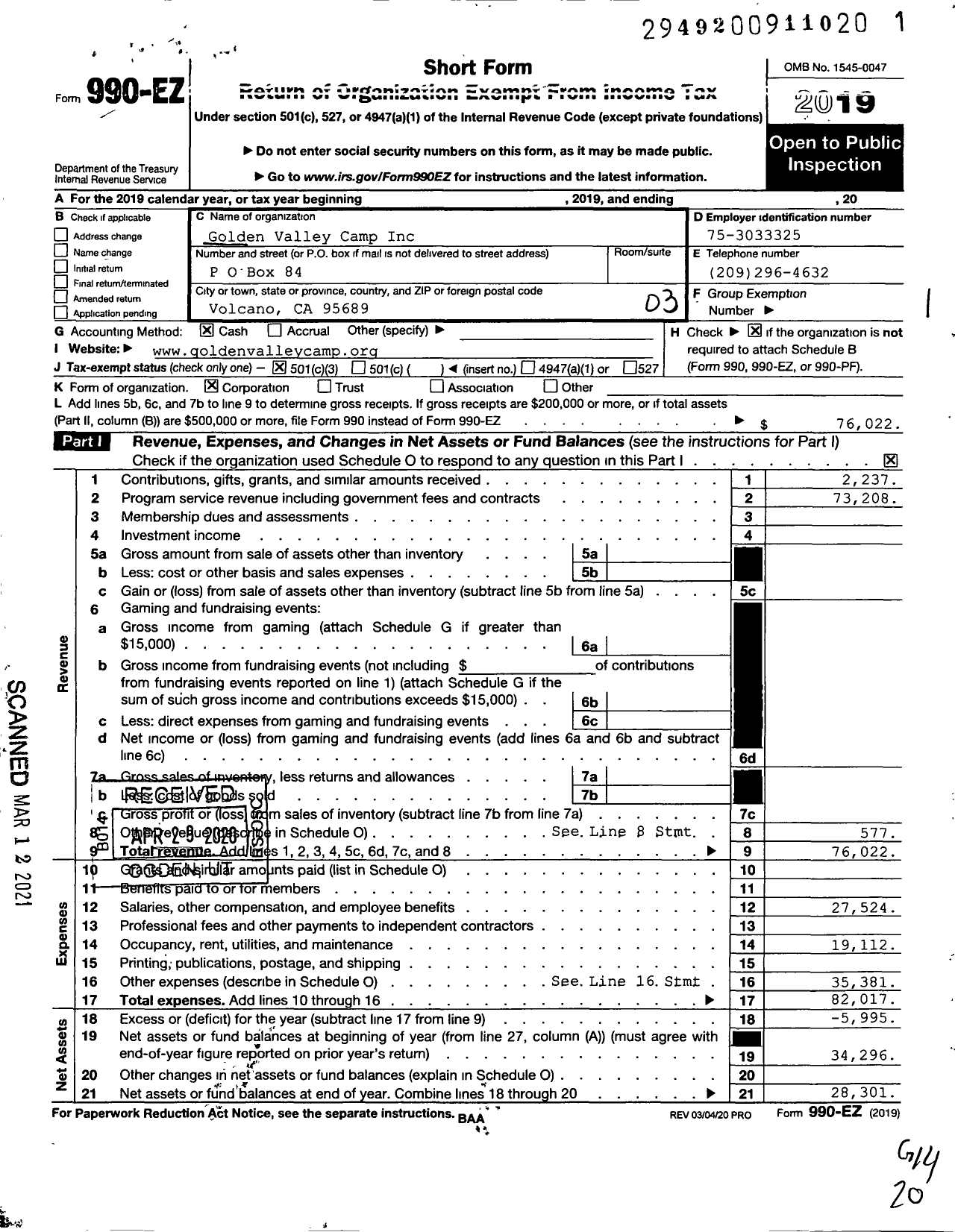 Image of first page of 2019 Form 990EZ for Golden Valley Camp