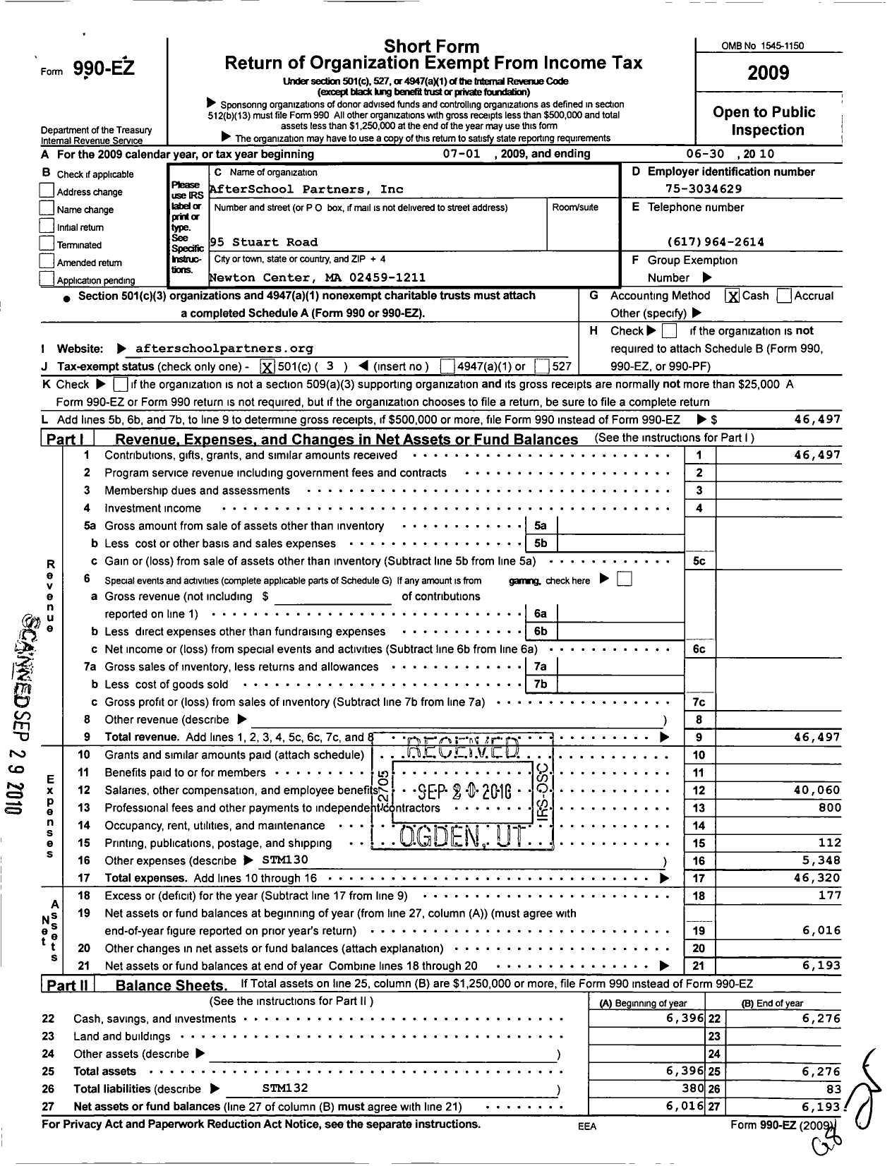 Image of first page of 2009 Form 990EZ for AfterSchool Partners