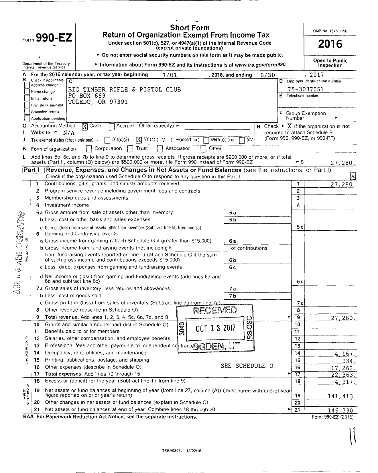 Image of first page of 2016 Form 990EO for Big Timber Rifle and Pistol Club