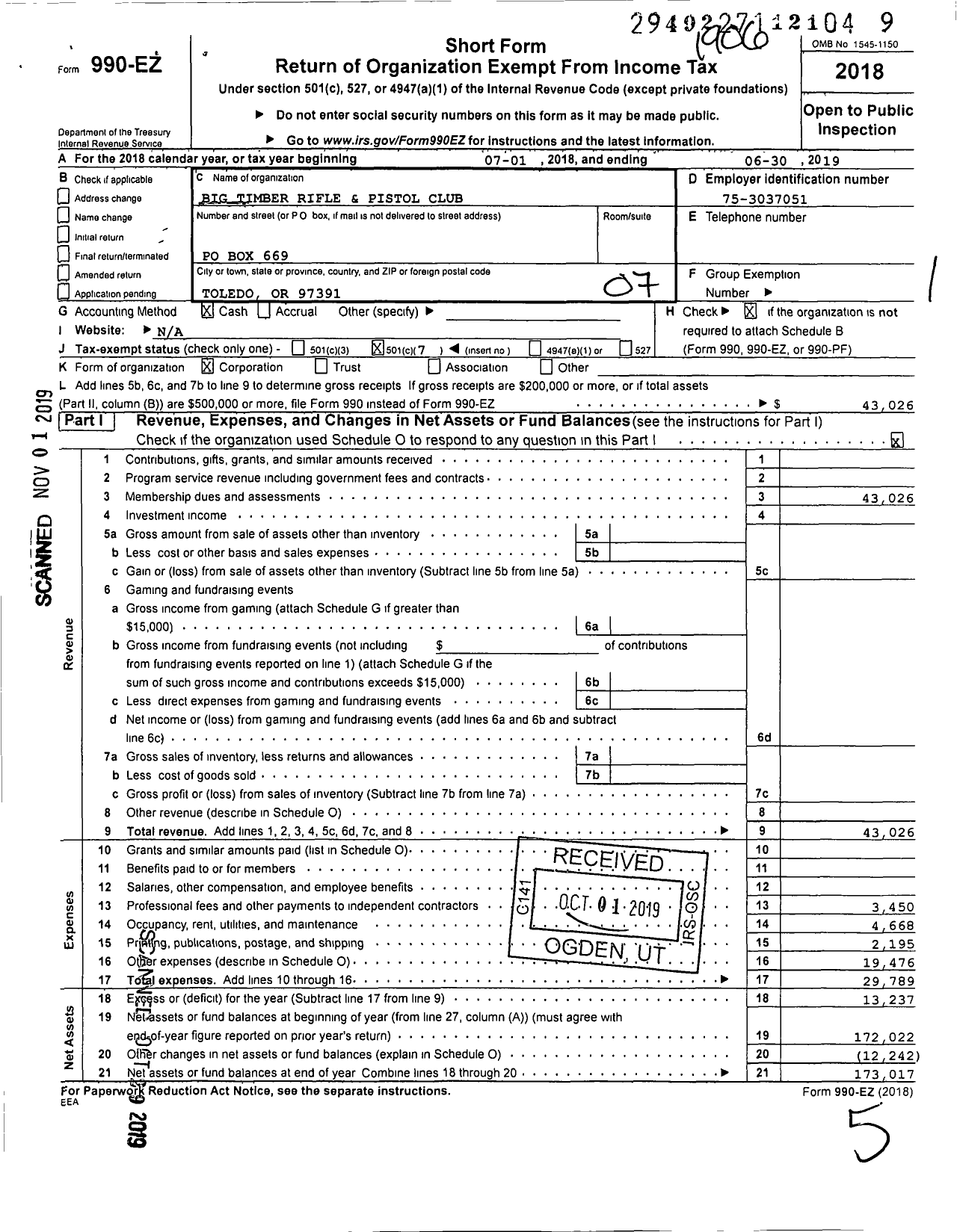 Image of first page of 2018 Form 990EO for Big Timber Rifle and Pistol Club