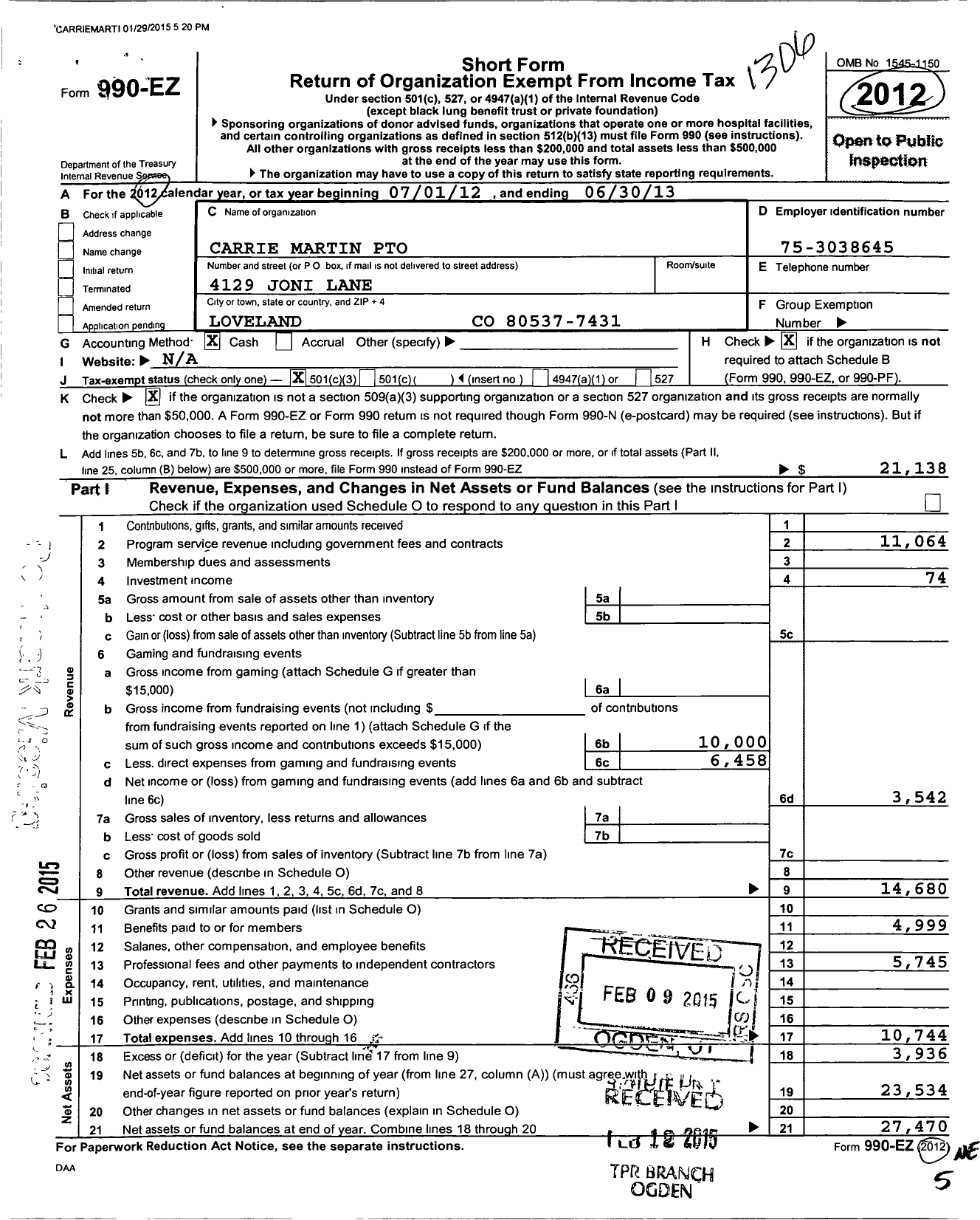 Image of first page of 2012 Form 990EZ for Carrie Martin Pto