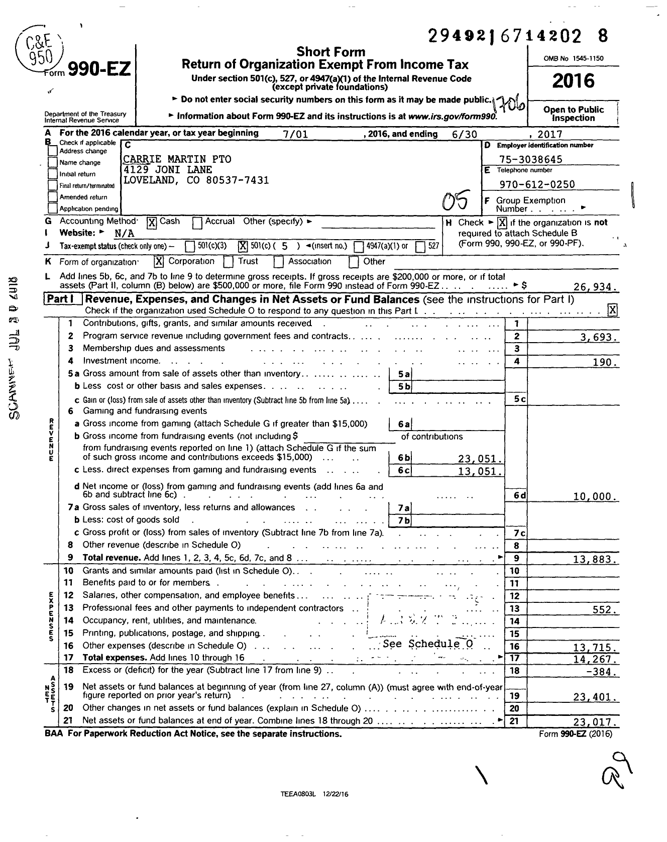 Image of first page of 2016 Form 990EO for Carrie Martin Pto