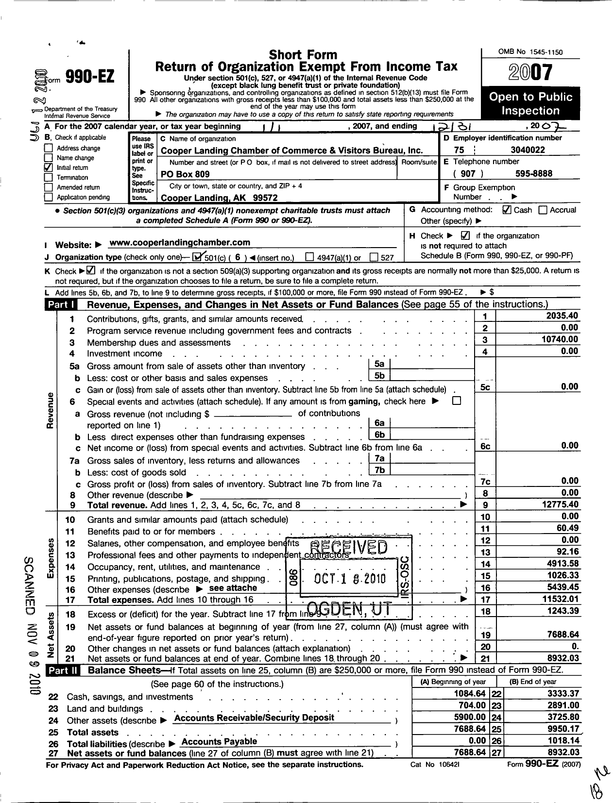 Image of first page of 2007 Form 990EO for Cooper Landing Chamber of Commerce Visitors Bureau