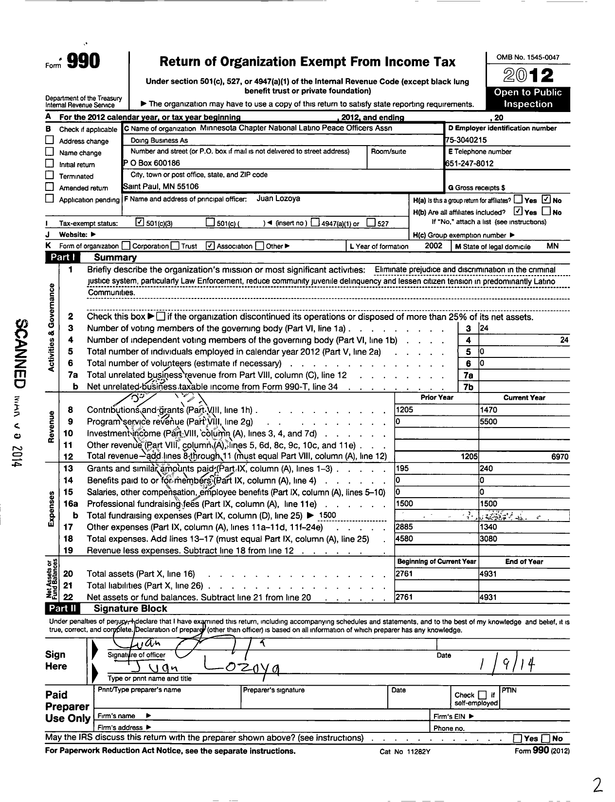 Image of first page of 2012 Form 990 for National Latino Peace Officers Association - MN