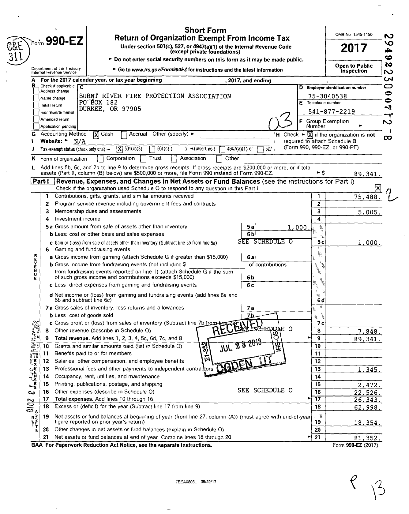 Image of first page of 2017 Form 990EZ for Burnt River Fire Protection Association