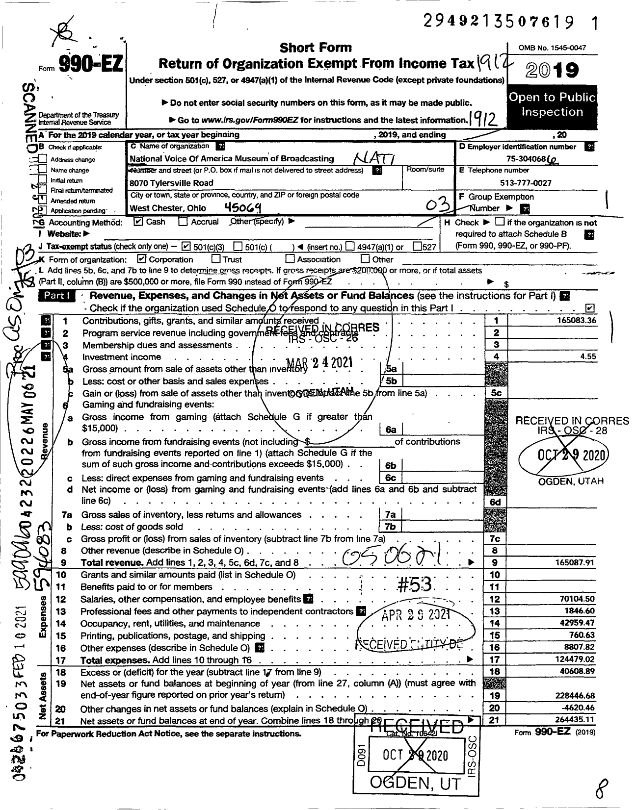 Image of first page of 2019 Form 990EZ for The National Voice of America Museum of Broadcasting