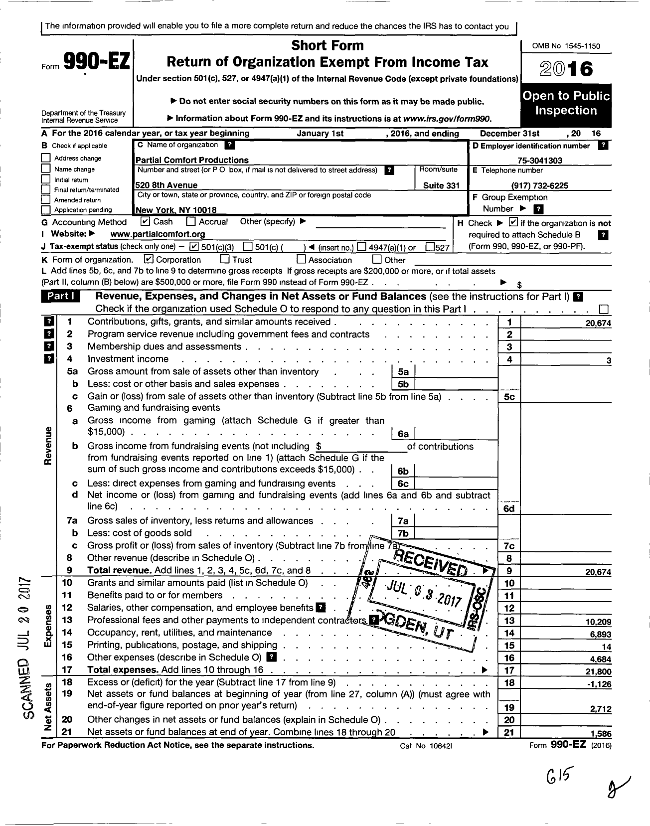 Image of first page of 2016 Form 990EZ for Partial Comfort Productions