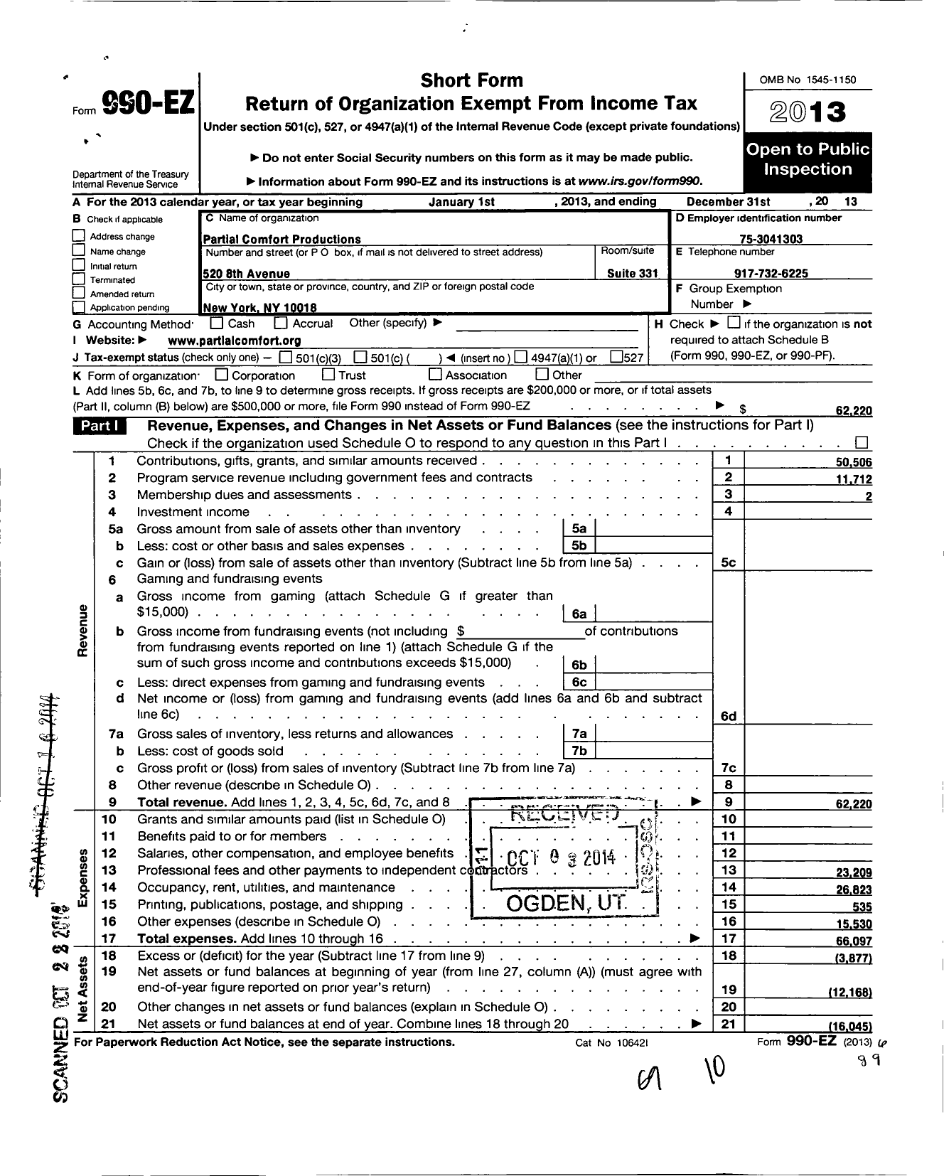 Image of first page of 2013 Form 990EO for Partial Comfort Productions