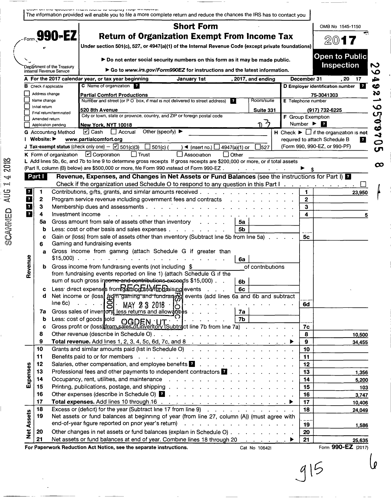 Image of first page of 2017 Form 990EZ for Partial Comfort Productions