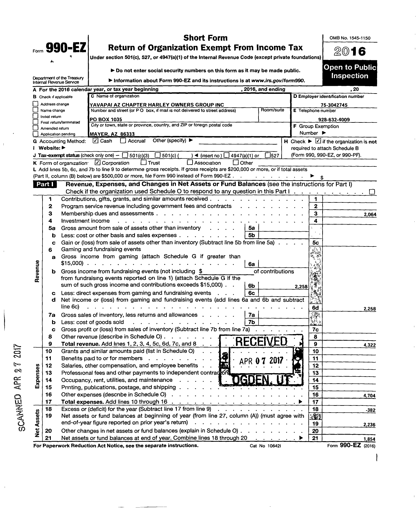 Image of first page of 2016 Form 990EO for Yavapai Az Chapter