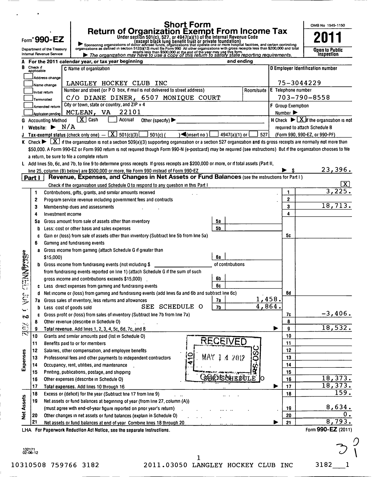 Image of first page of 2011 Form 990EZ for Langley Hockey Club