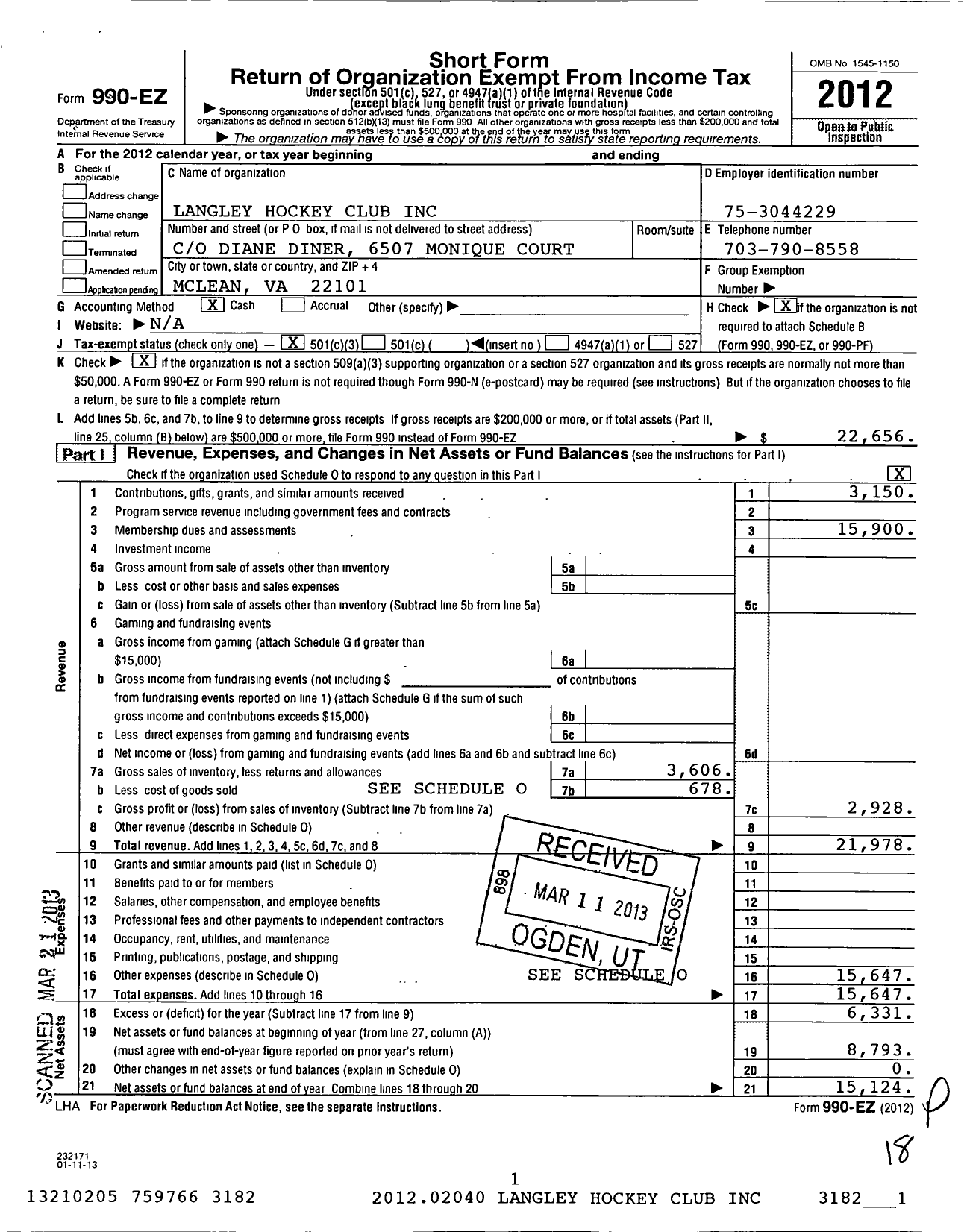 Image of first page of 2012 Form 990EZ for Langley Hockey Club