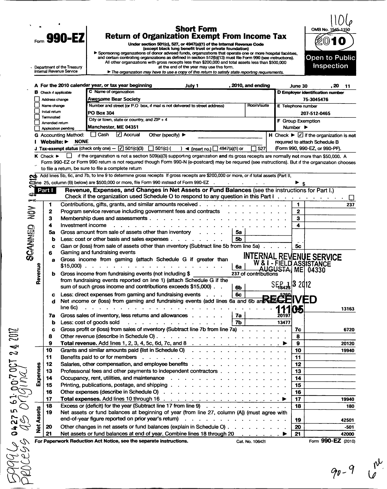 Image of first page of 2010 Form 990EZ for Awesome Bear Society