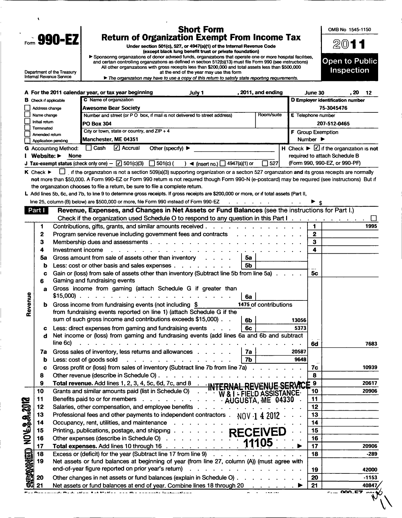 Image of first page of 2011 Form 990EZ for Awesome Bear Society