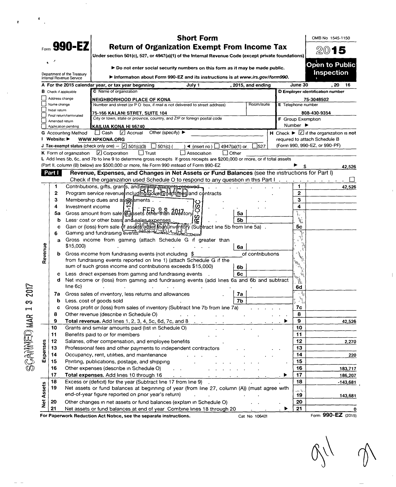 Image of first page of 2015 Form 990EZ for Neighborhood Place of Kona