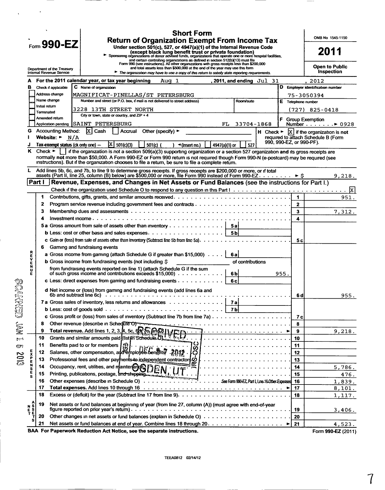 Image of first page of 2011 Form 990EZ for Magnificat Inc-Pinellas Chapter of the Diocese of St Petersburg