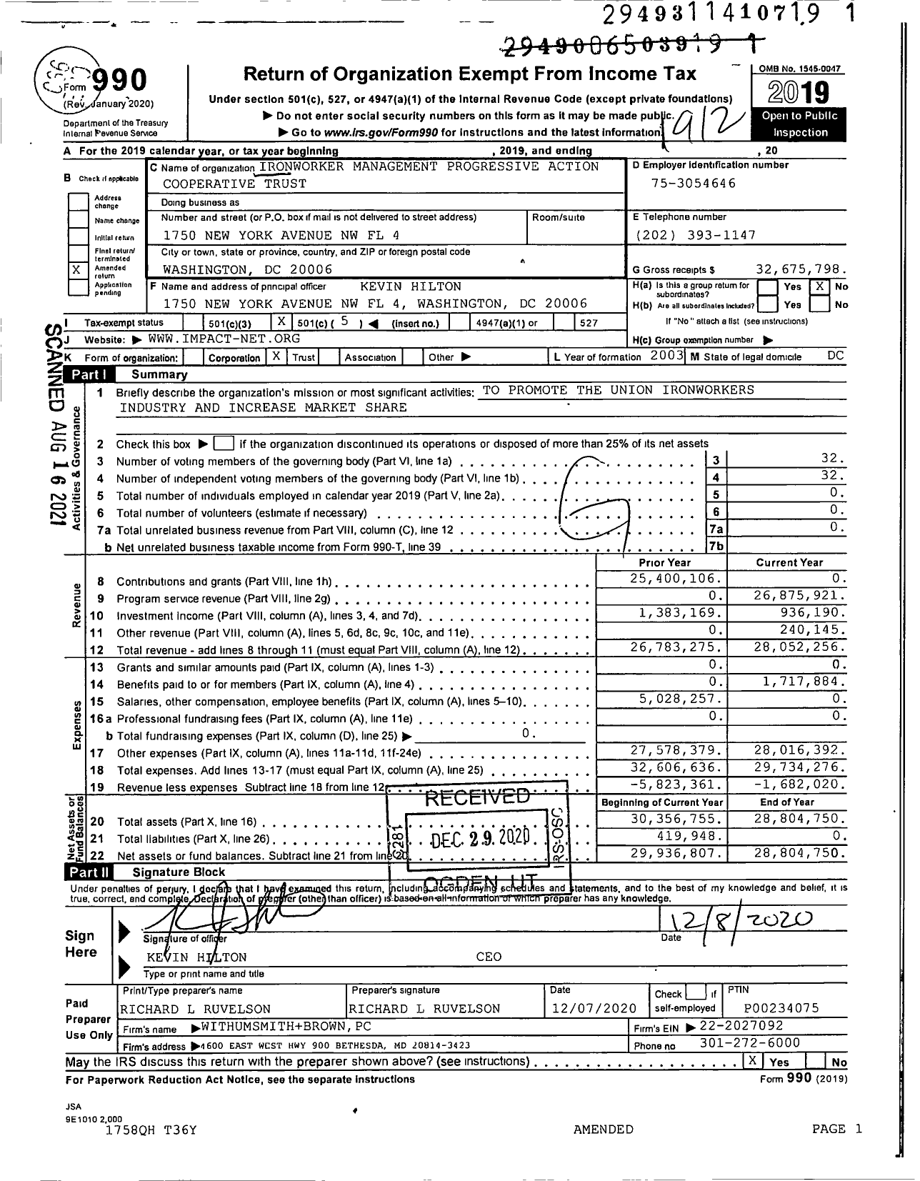 Image of first page of 2019 Form 990O for Ironworker Management Progressive Action Cooperative Trust (IMPACT)