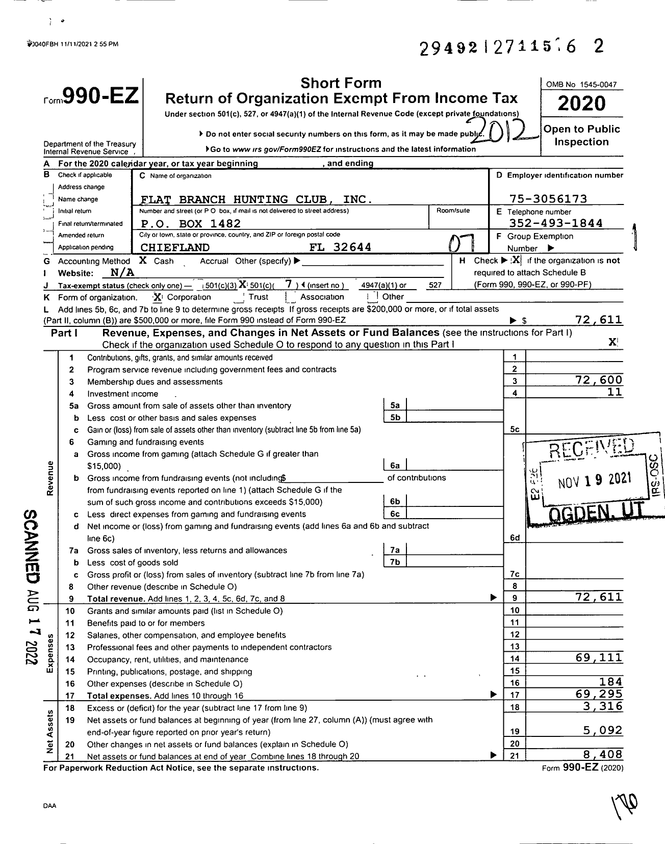 Image of first page of 2020 Form 990EO for Flat Branch Hunting Club