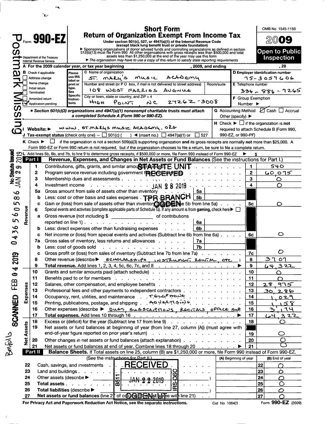 Image of first page of 2009 Form 990EOA for St Marys Music Academy