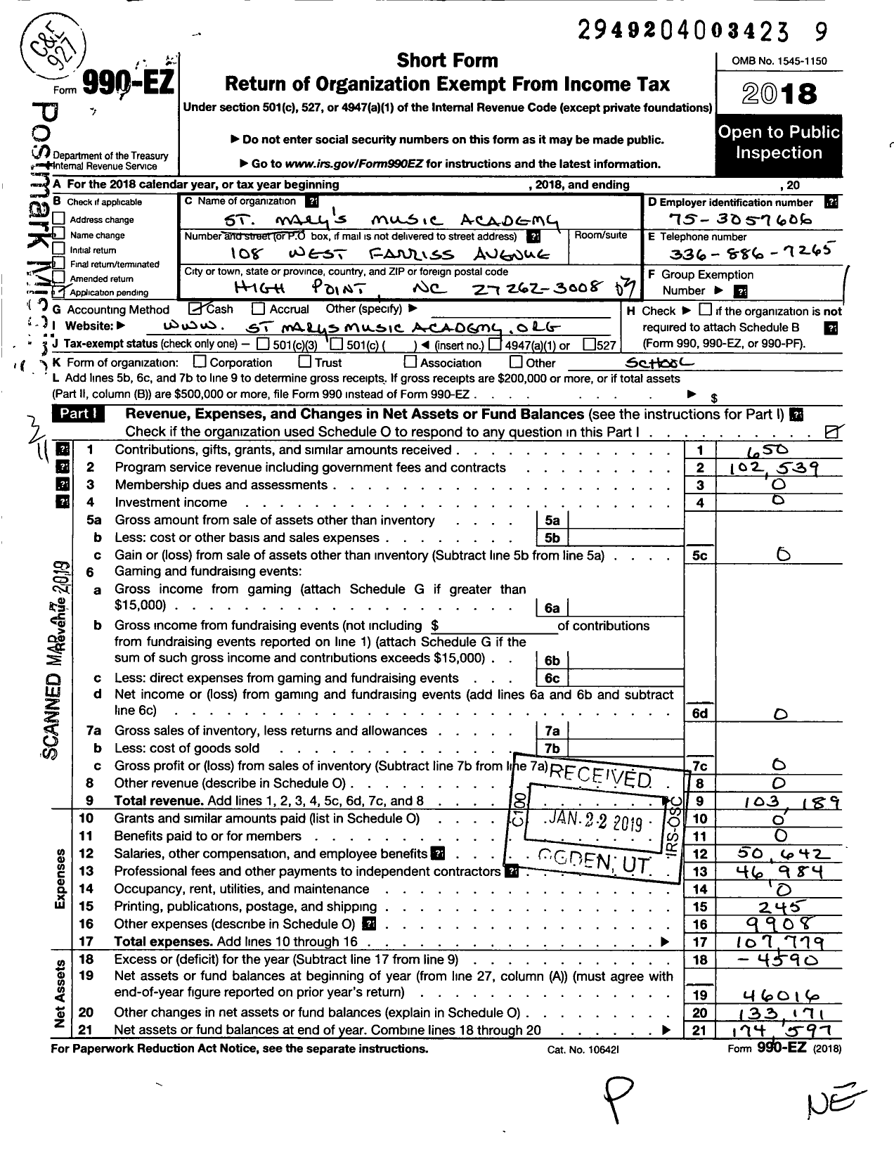 Image of first page of 2018 Form 990EZ for St Marys Music Academy