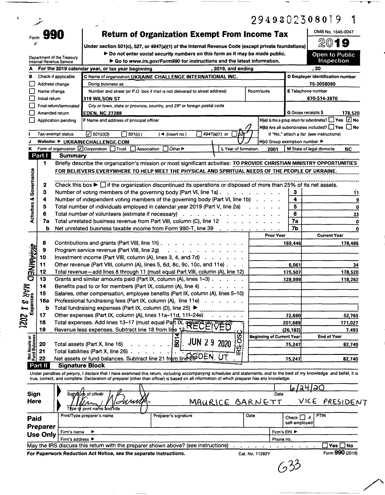 Image of first page of 2019 Form 990 for Ukraine Challenge International