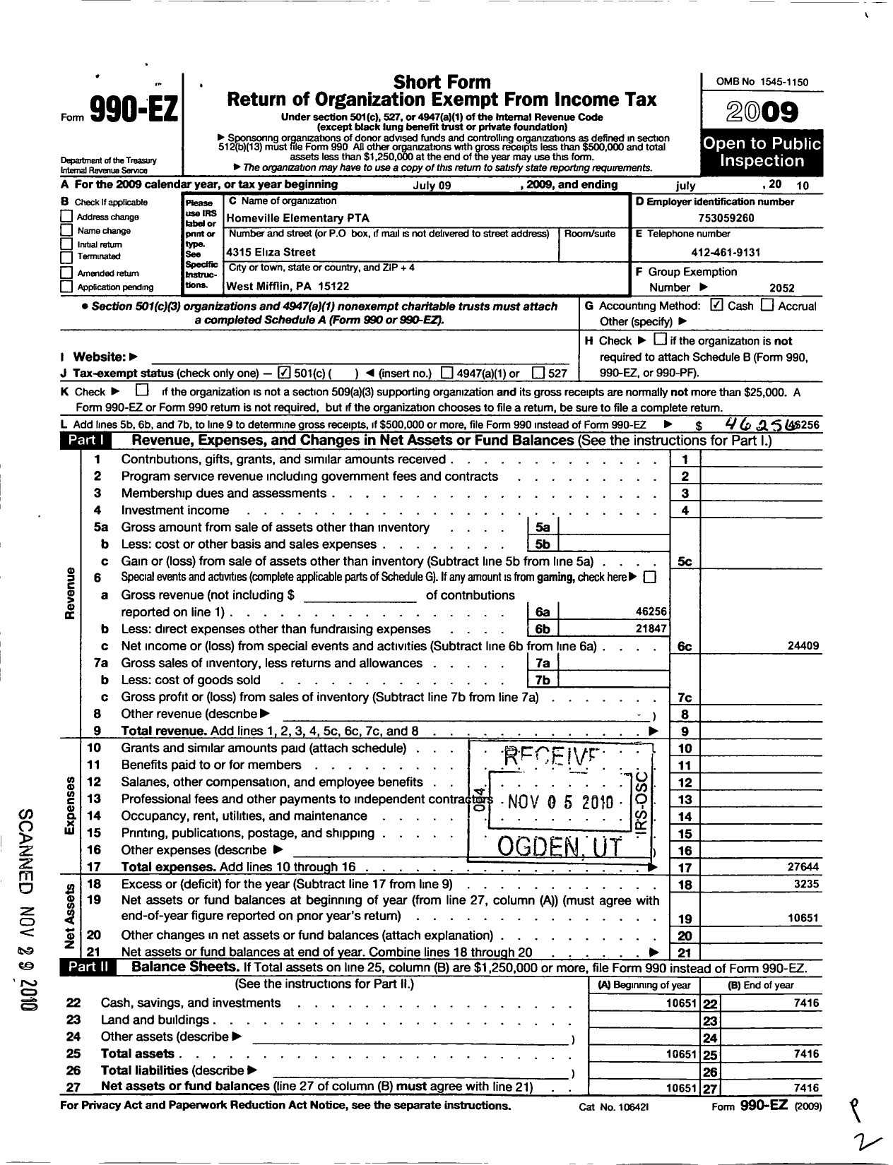 Image of first page of 2009 Form 990EO for PTA Pennsylvania Congress / Homeville Elementary PTA