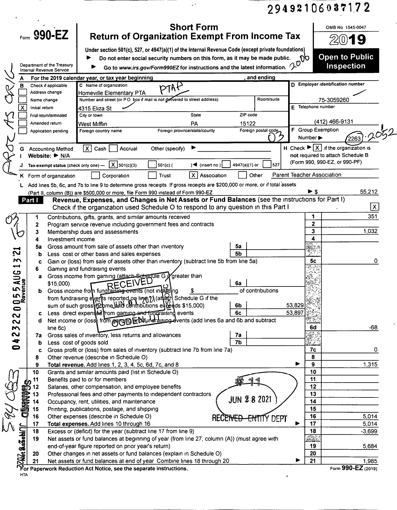 Image of first page of 2019 Form 990EZ for PTA Pennsylvania Congress / Homeville Elementary PTA