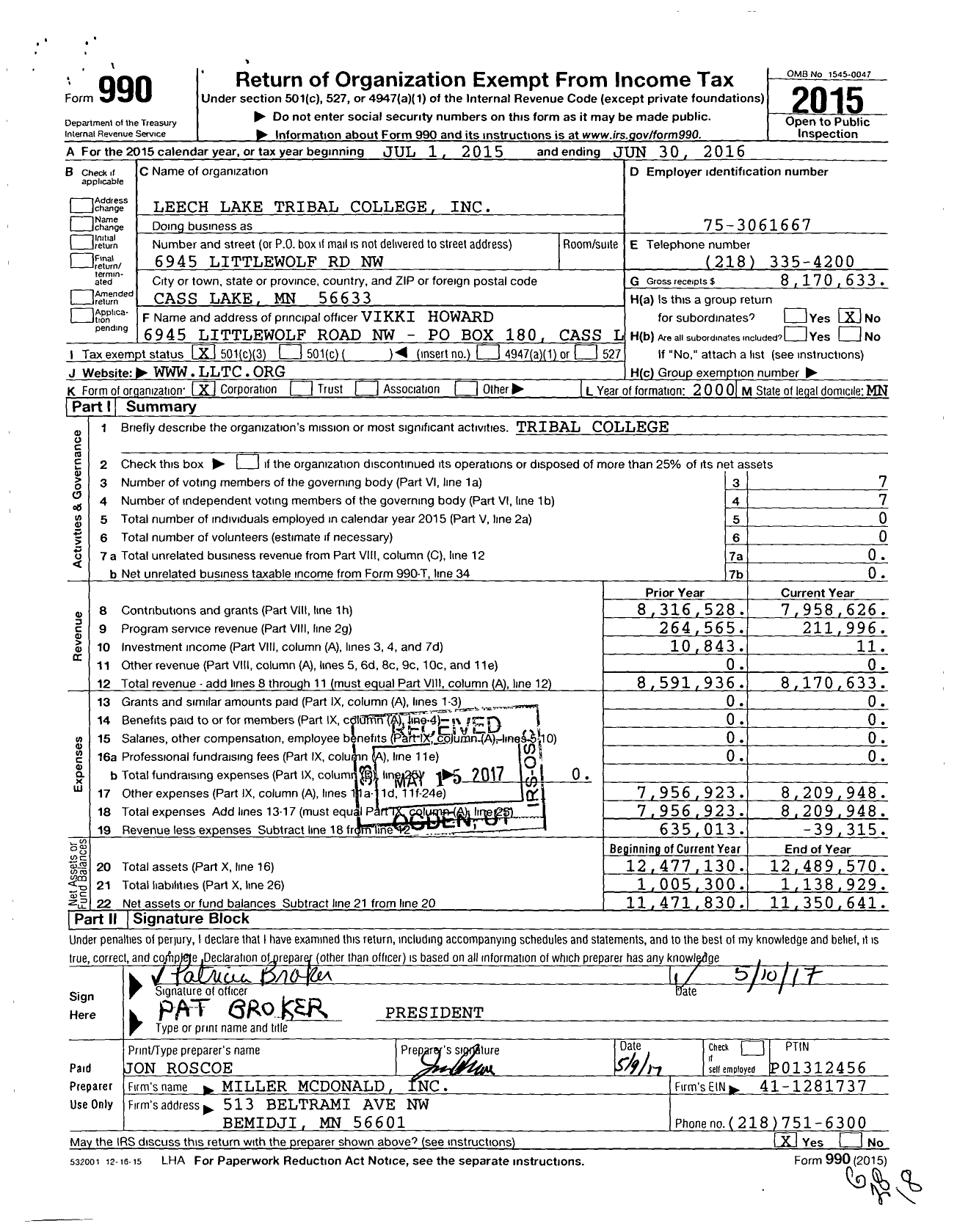 Image of first page of 2015 Form 990 for Leech Lake Tribal College
