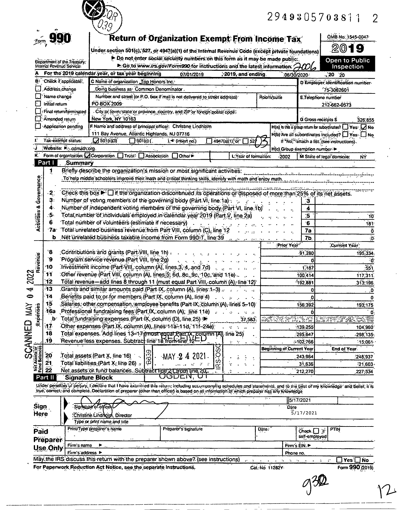 Image of first page of 2019 Form 990 for Common Denominator / Top Honors Incorporated