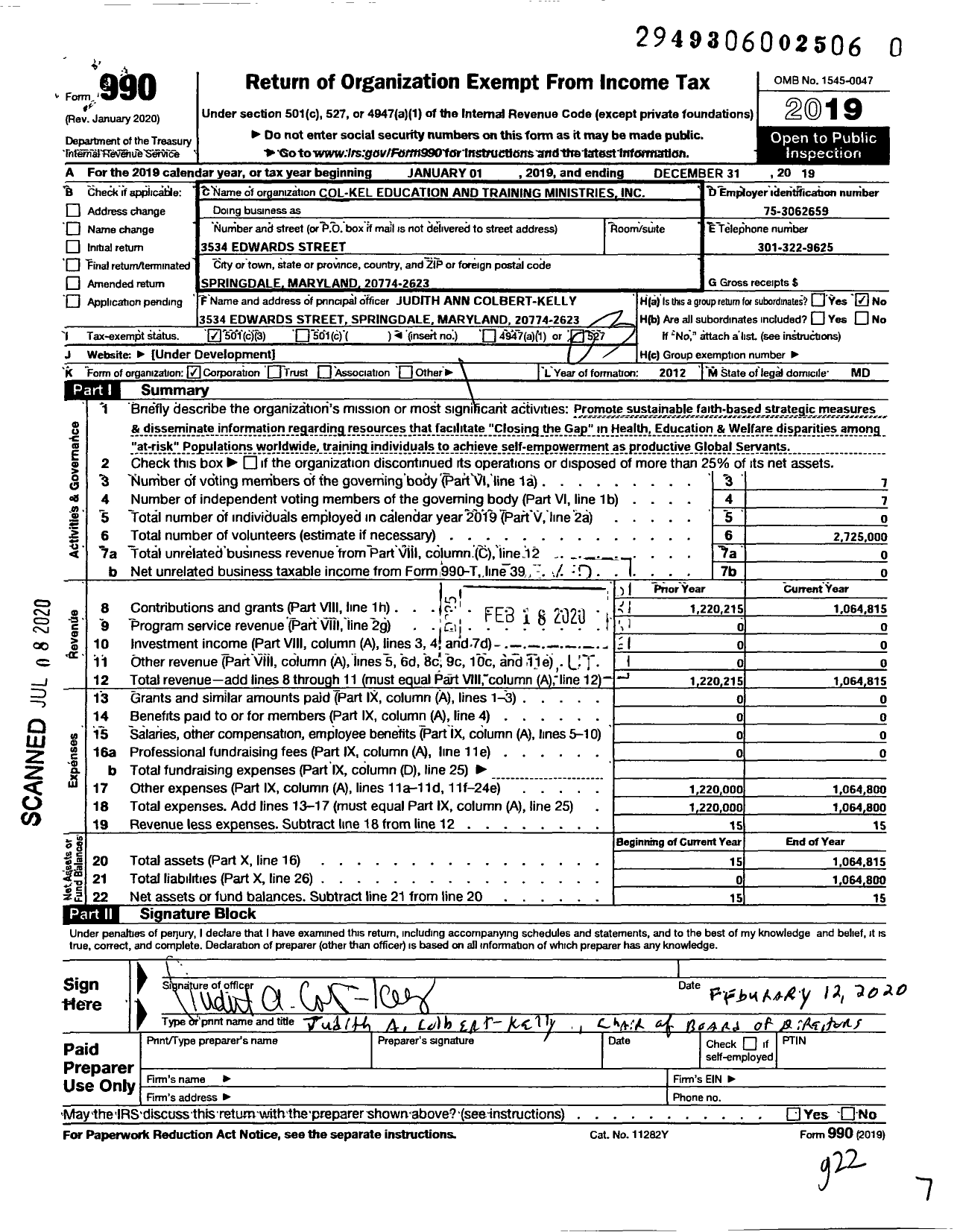 Image of first page of 2019 Form 990 for Col-Kel Education and Training Ministries