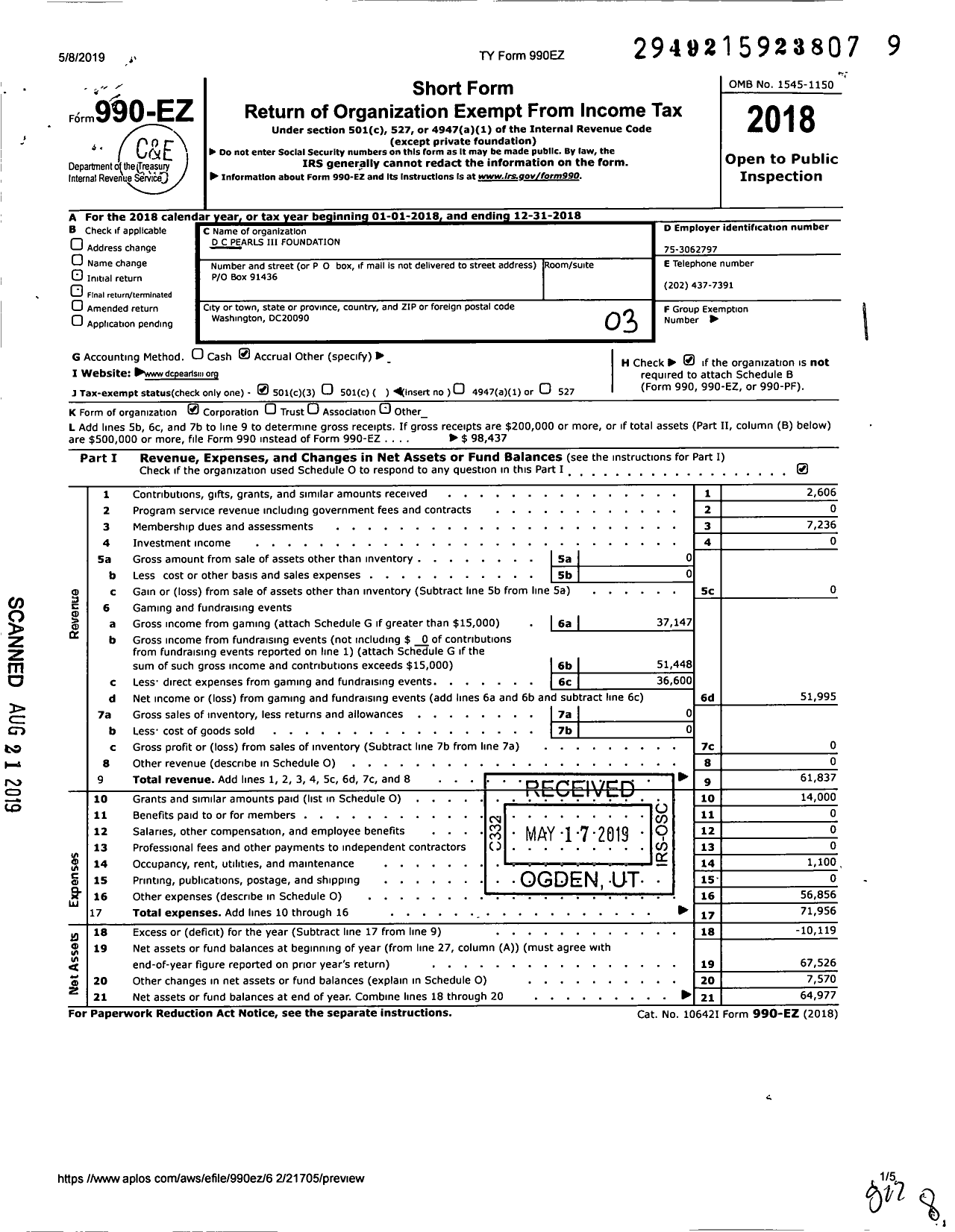 Image of first page of 2018 Form 990EZ for D C Pearls Iii Foundation