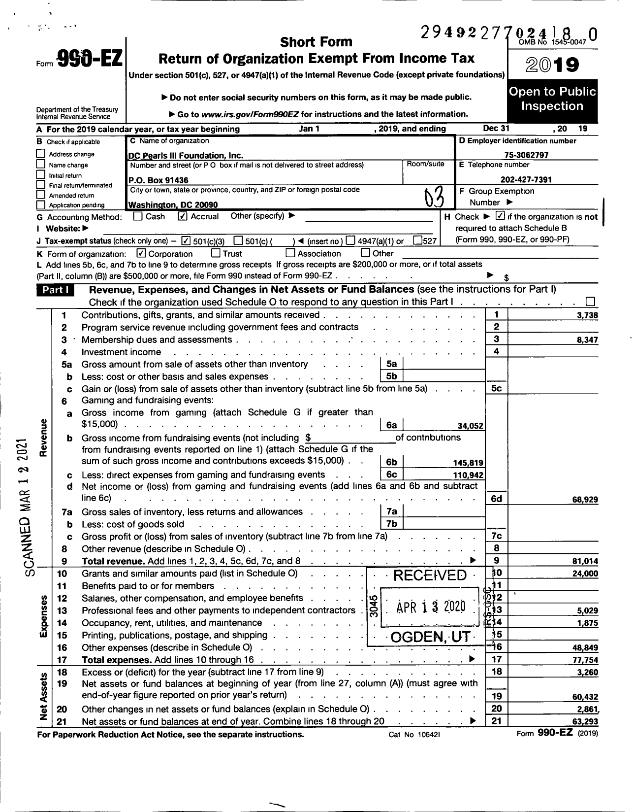 Image of first page of 2019 Form 990EZ for D C Pearls Iii Foundation