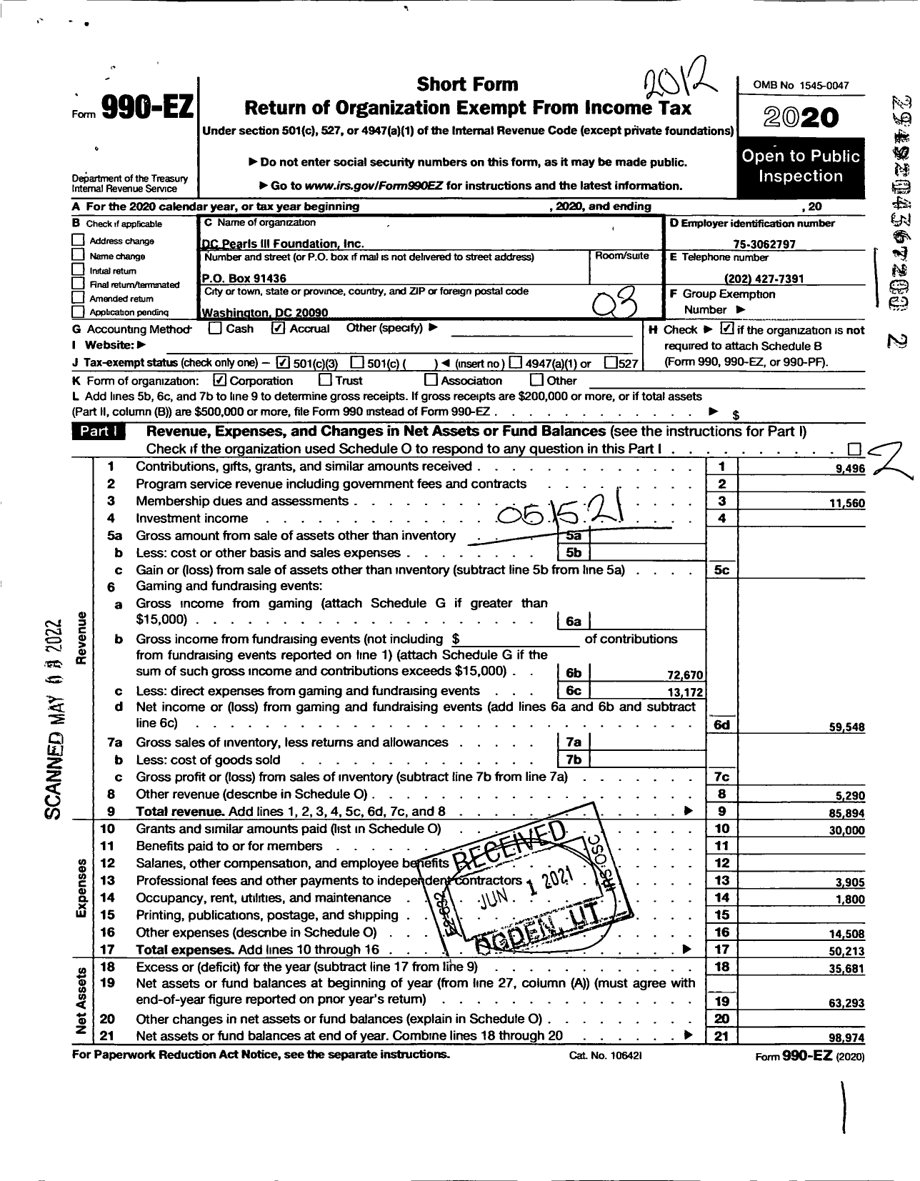 Image of first page of 2020 Form 990EZ for D C Pearls Iii Foundation