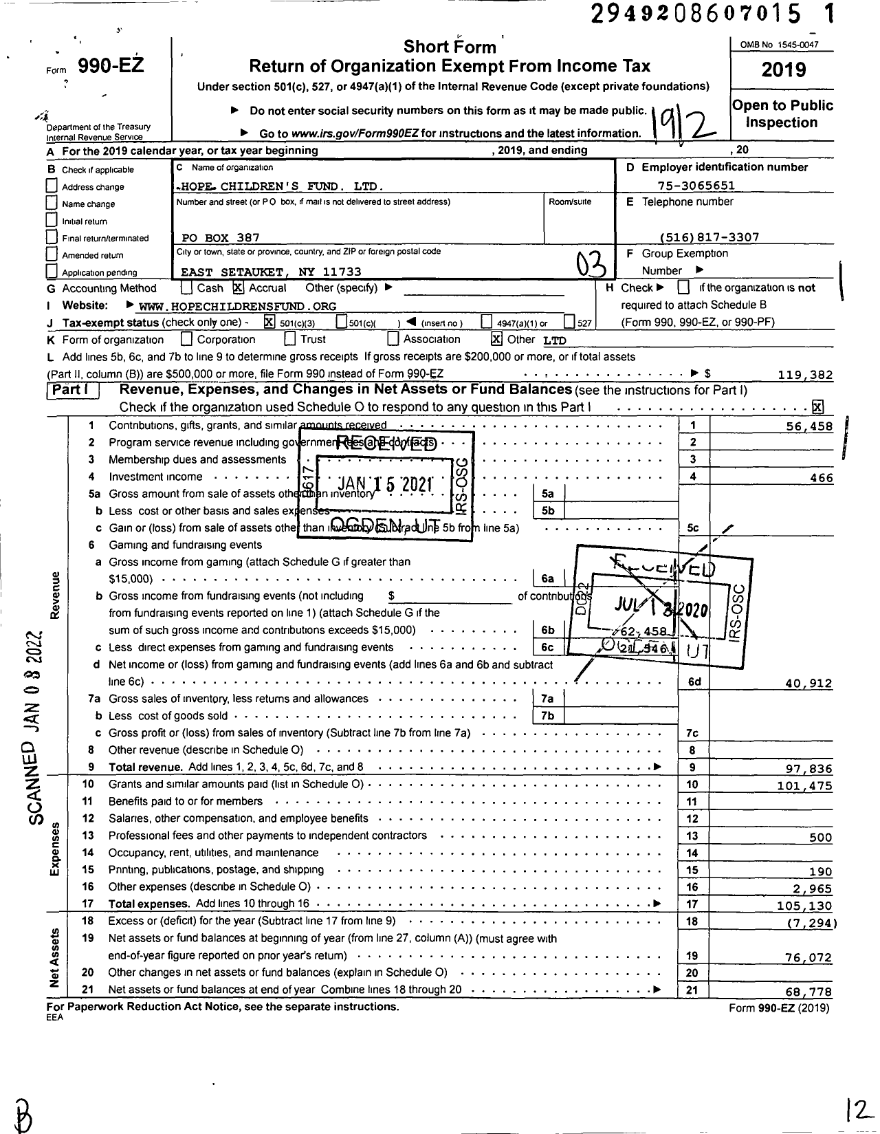 Image of first page of 2019 Form 990EZ for Hope Childrens Fund