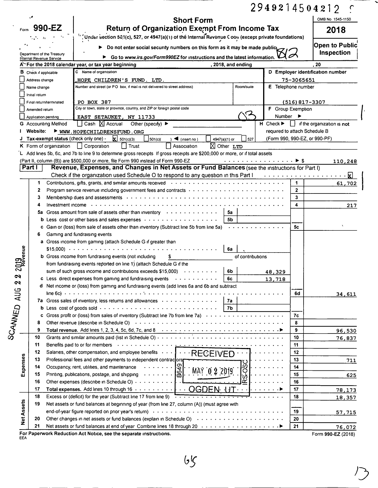 Image of first page of 2018 Form 990EZ for Hope Childrens Fund