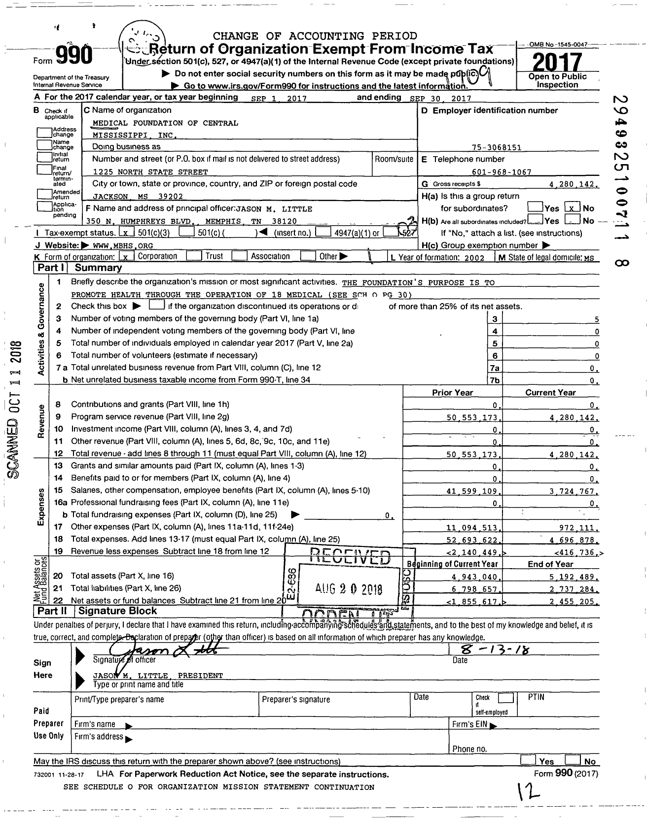 Image of first page of 2016 Form 990 for Medical Foundation of Central Mississippi