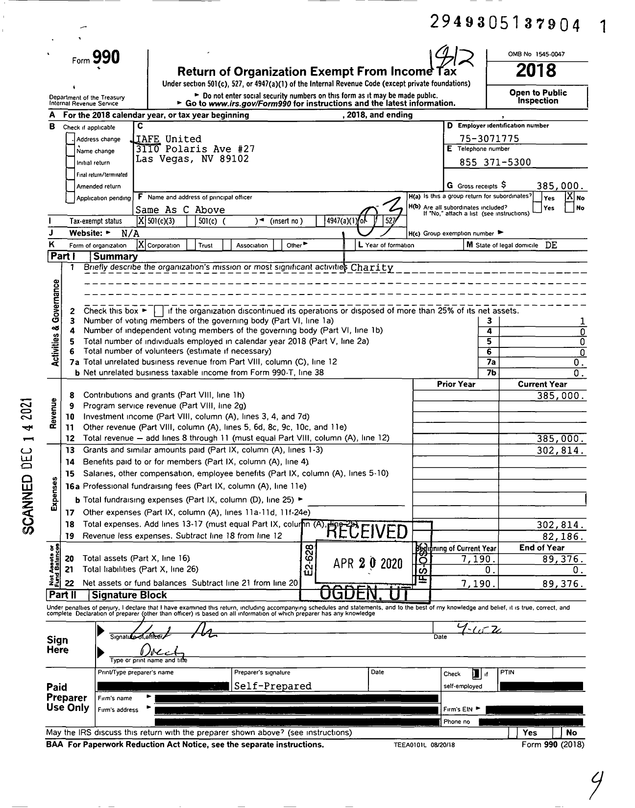 Image of first page of 2018 Form 990 for IAFe UNITED