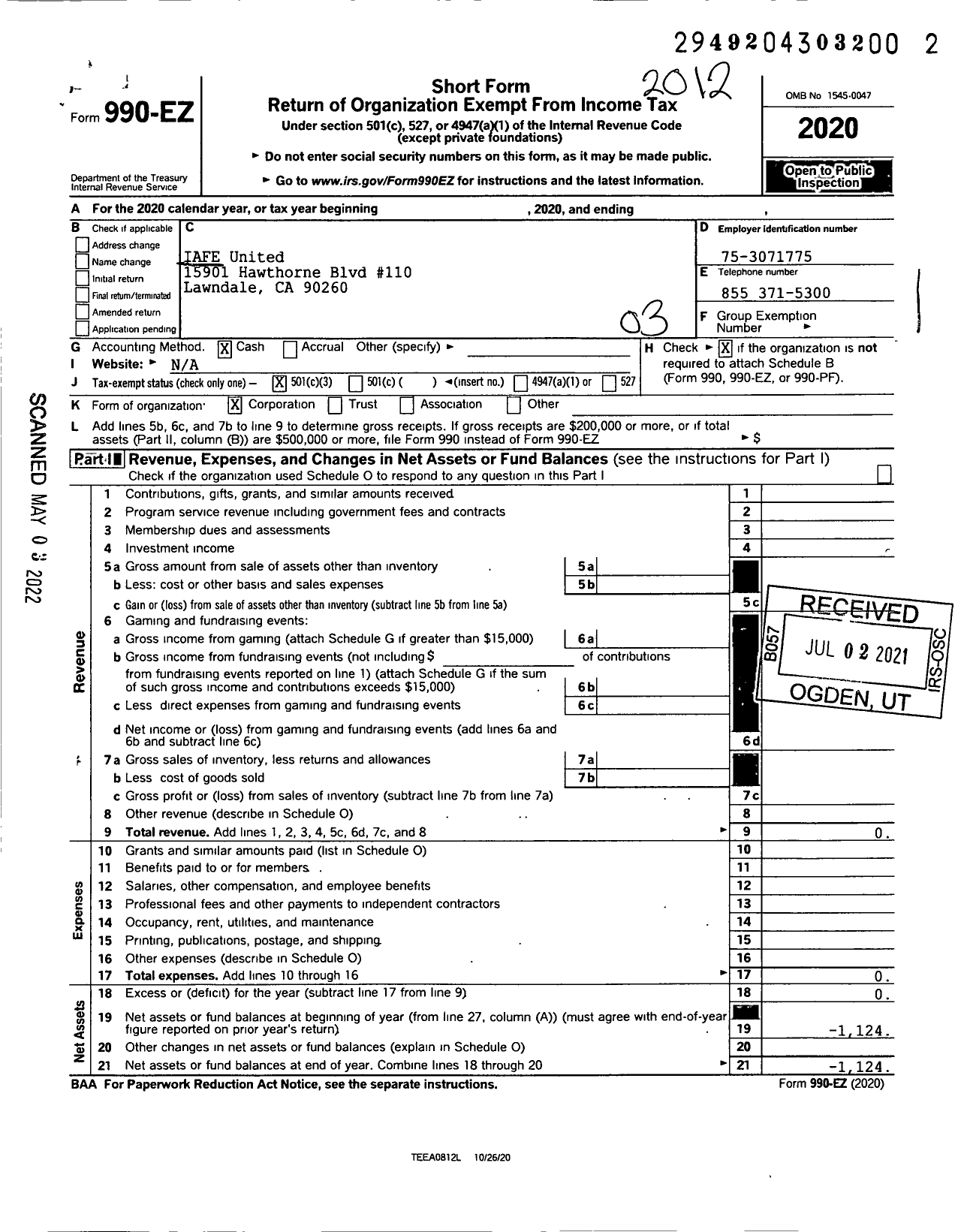 Image of first page of 2020 Form 990EZ for IAFe UNITED