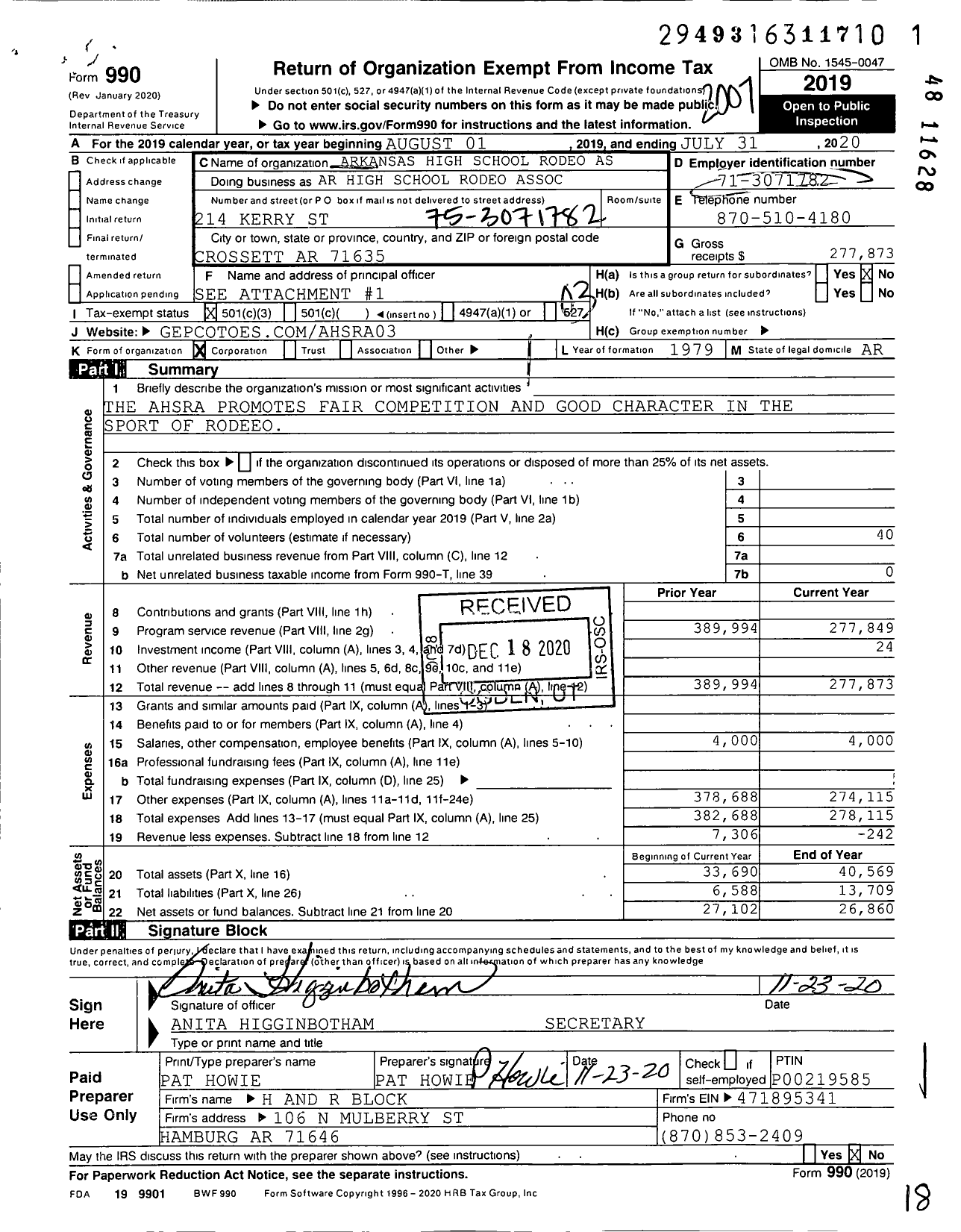 Image of first page of 2019 Form 990 for Ar High School Rodeo Association (AHSRA)